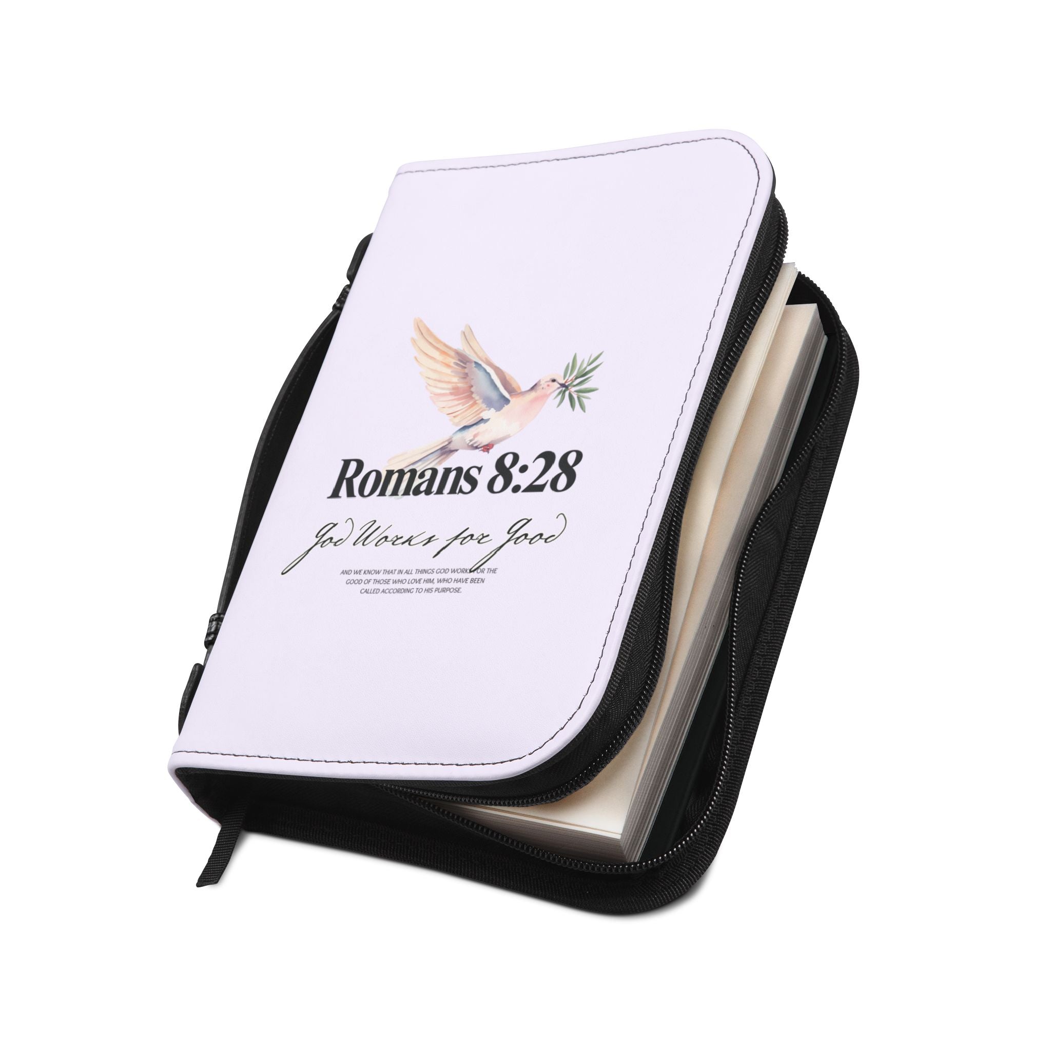 Bible Cover | Romans 8:28 Scripture Dove with Olive Branch Zippered Case
