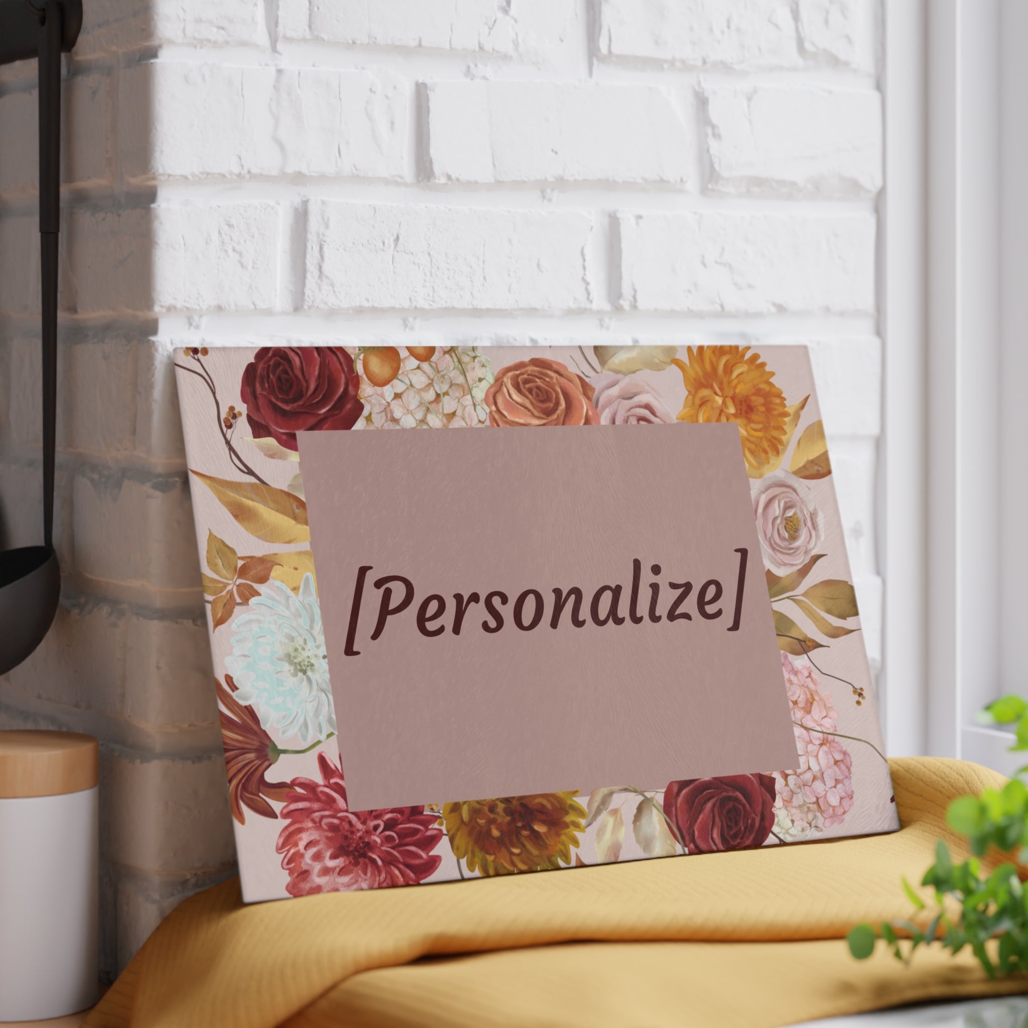 Glass Cutting Board | Custom Name in Floral Frame Kitchen Decor