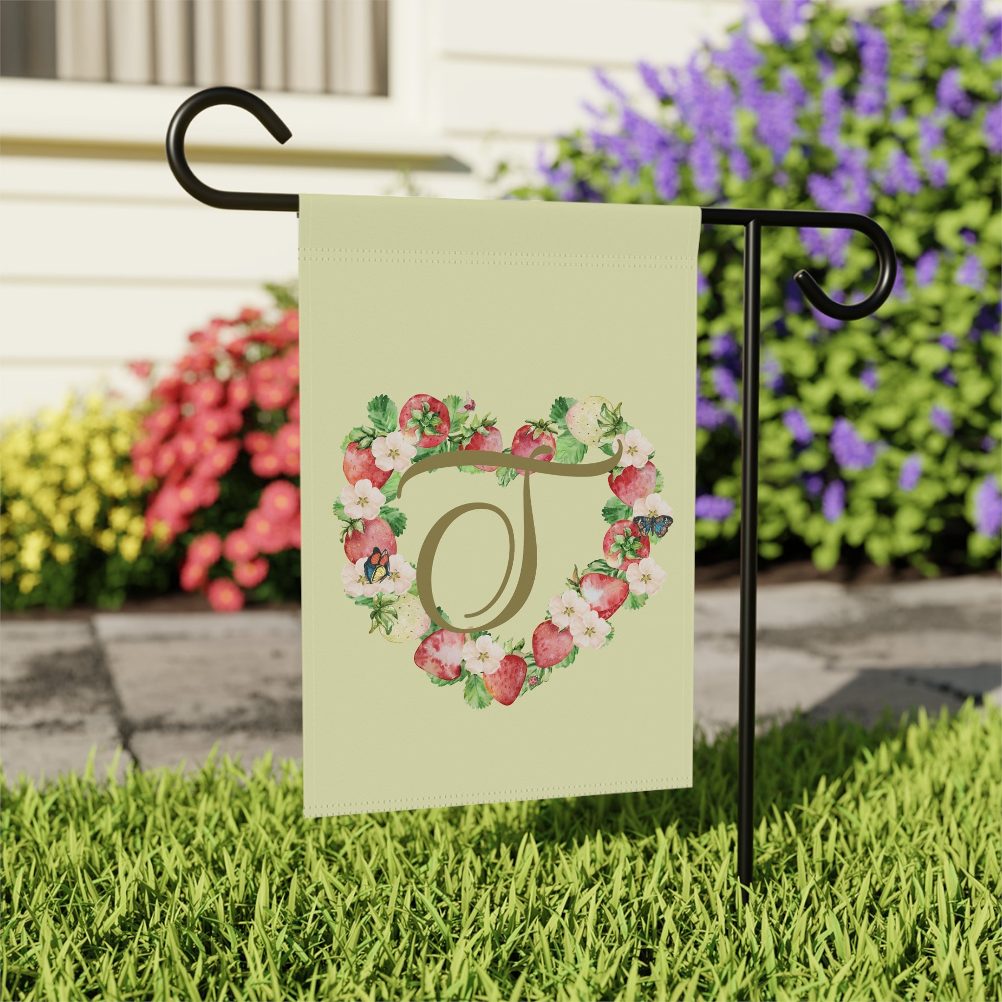 Home & Garden Banner | 'T' Monogram Strawberry Heart Flag