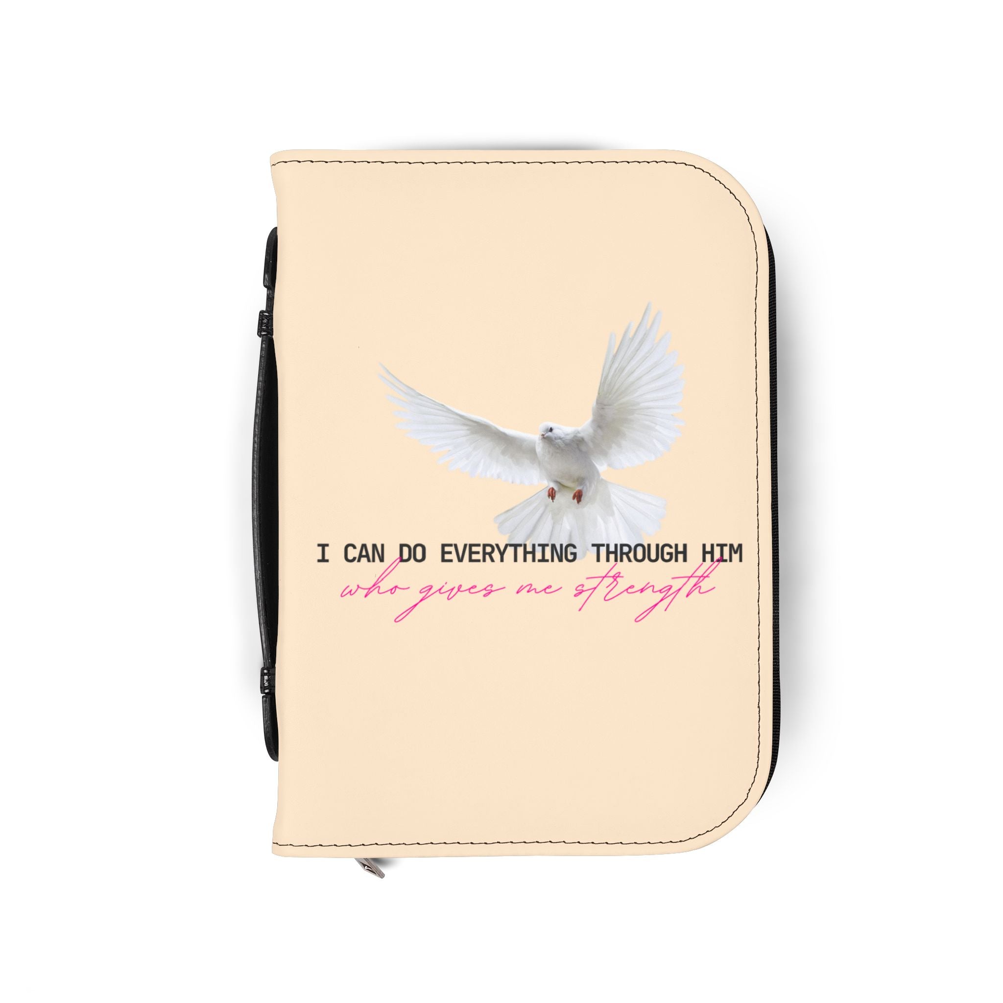 Bible Cover | Zippered Leatherette White Dove with Scripture "I Can Do All Things"