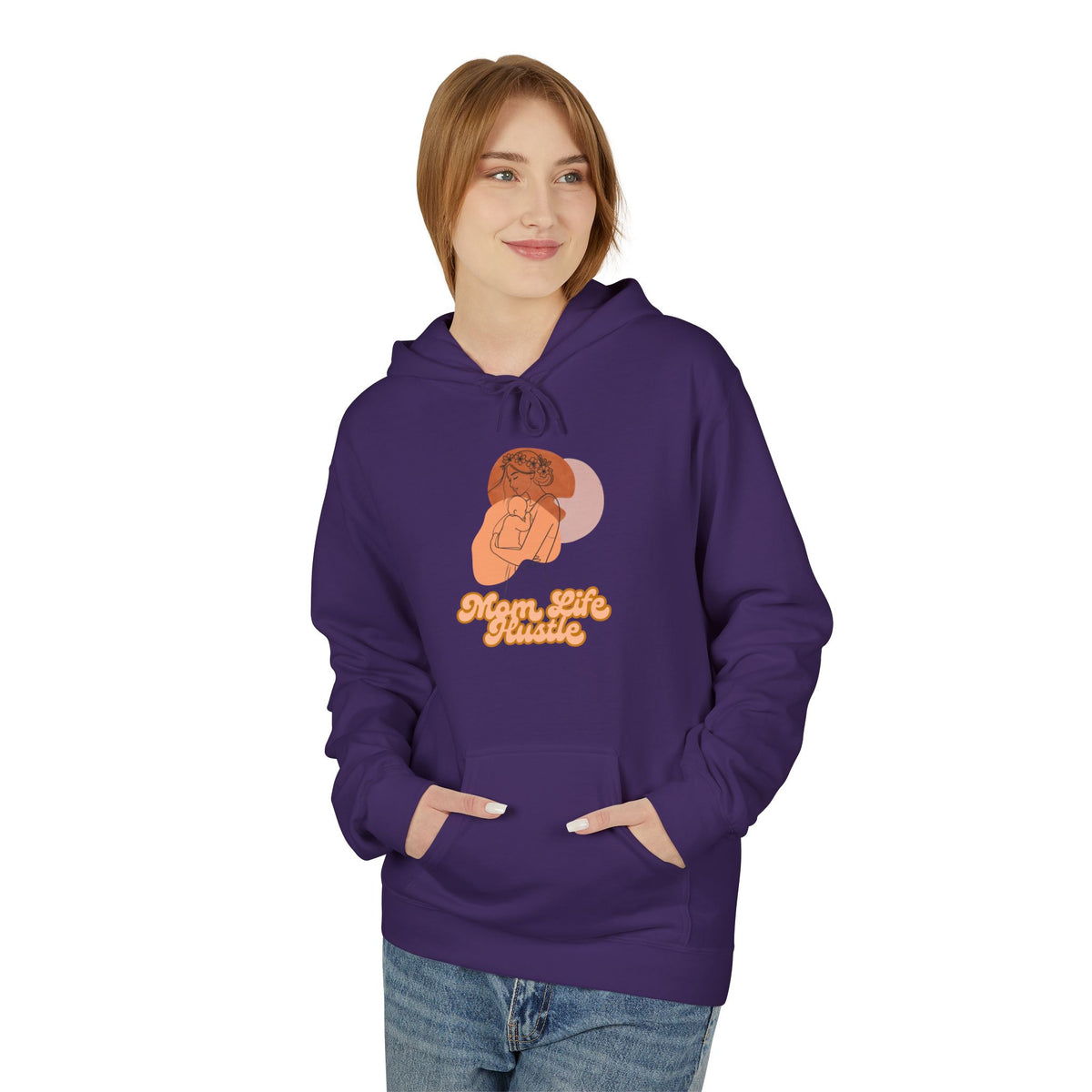 'Mom Life Hustle' Retro Hoodie | Delicate Line Illustration of a Mother & Baby