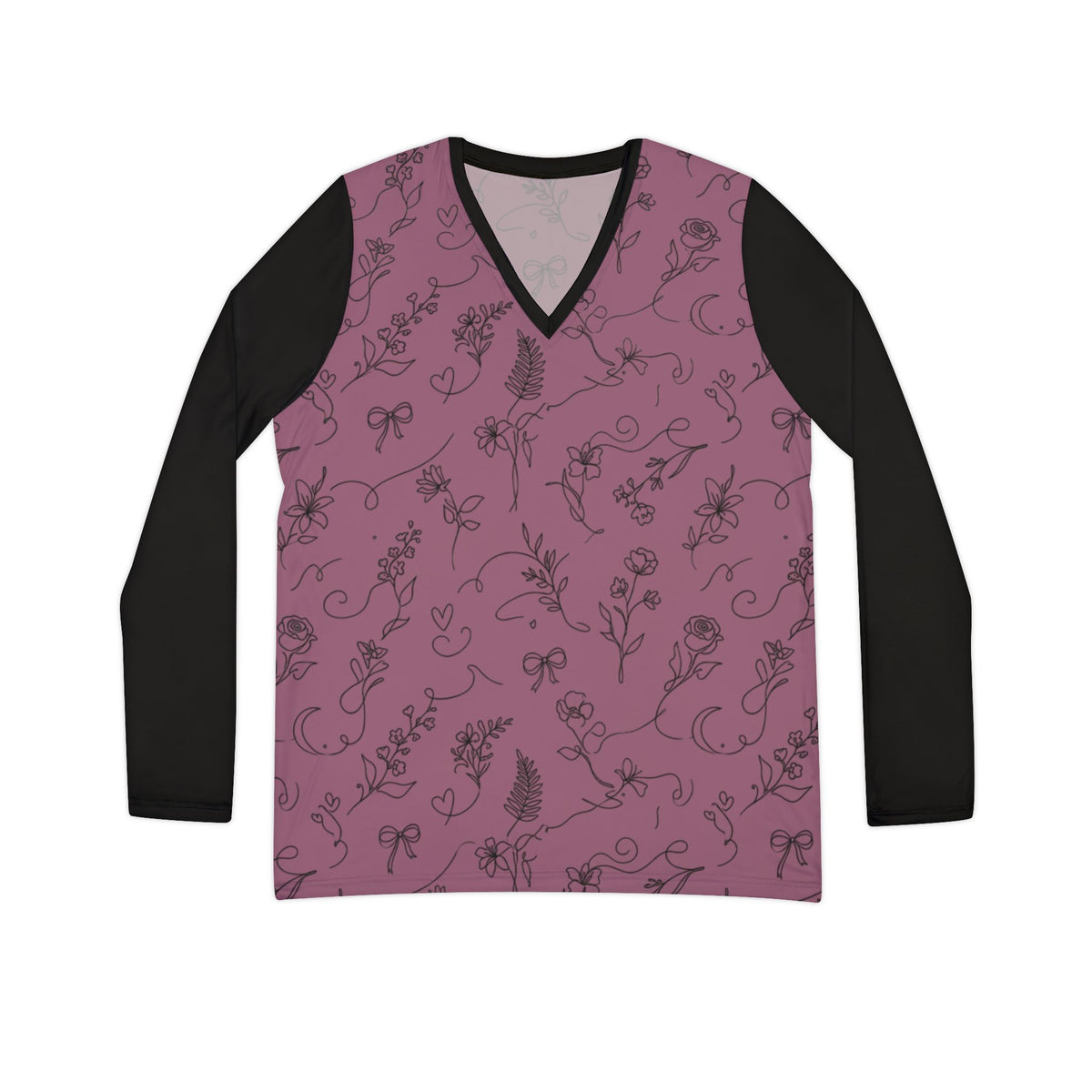 Floral Line Art Long Sleeve V-Neck Shirt