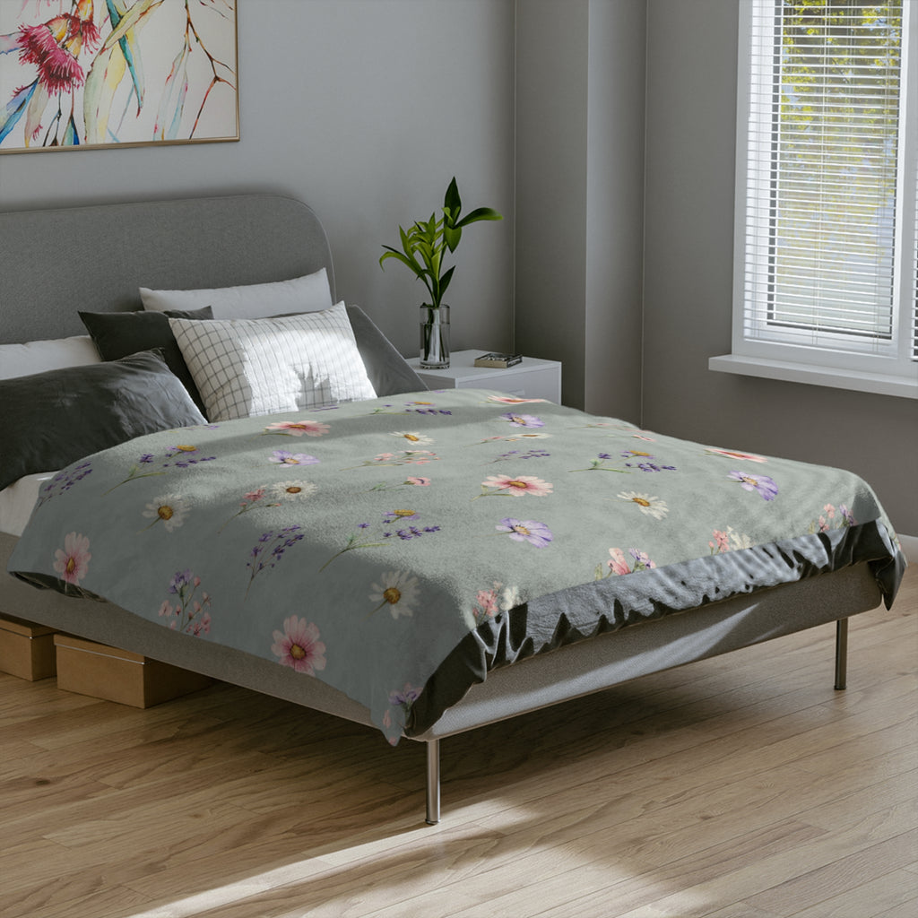 Pastel Wildflowers on Muted Olive Velveteen Throw