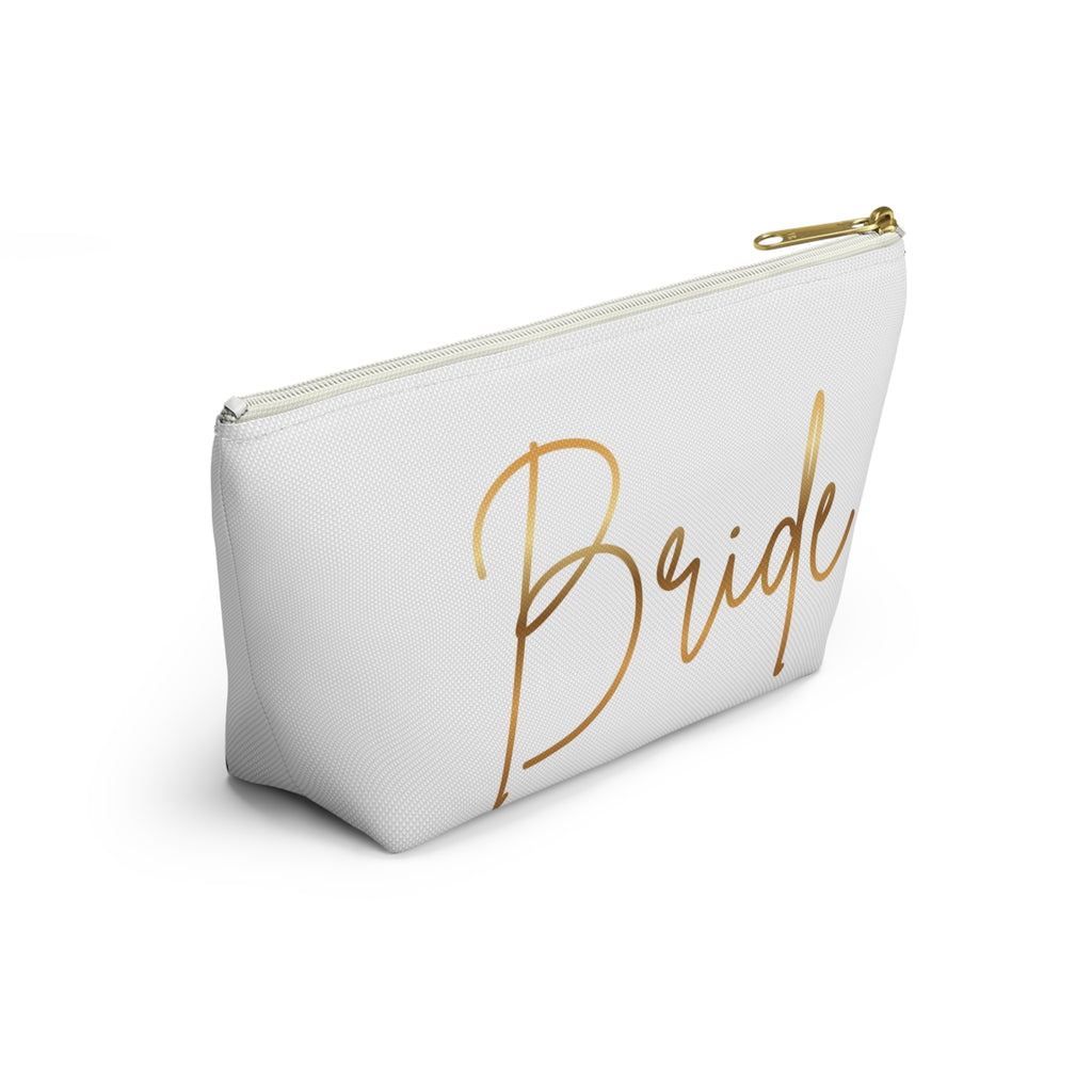 T Bottom Accessory Pouch | 'Bride' White with Gold Script Cosmetic Bag