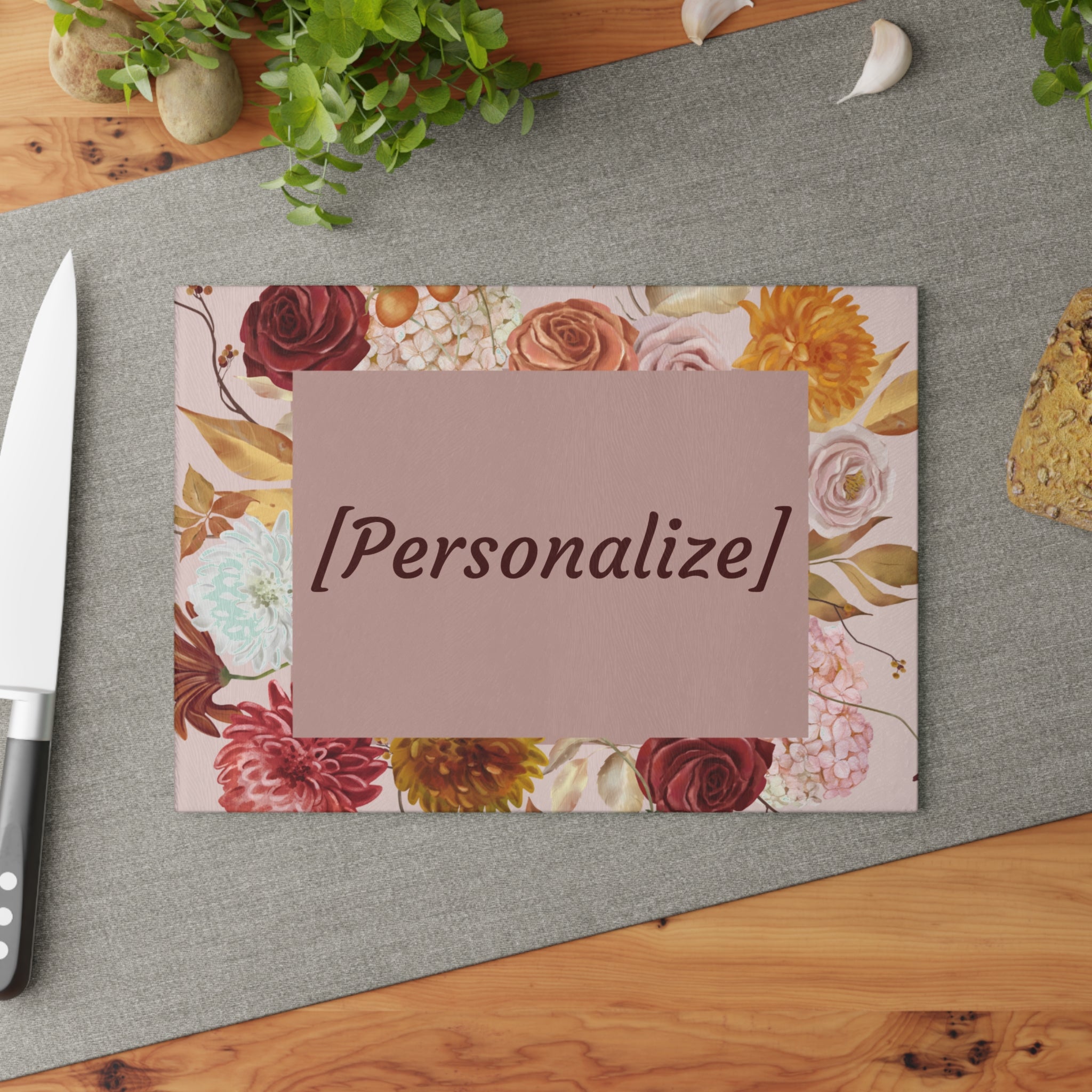 Glass Cutting Board | Custom Name in Floral Frame Kitchen Decor