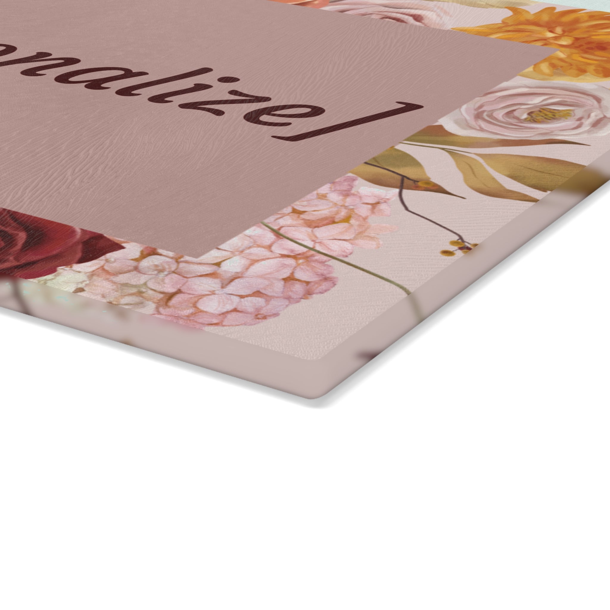 Glass Cutting Board | Custom Name in Floral Frame Kitchen Decor