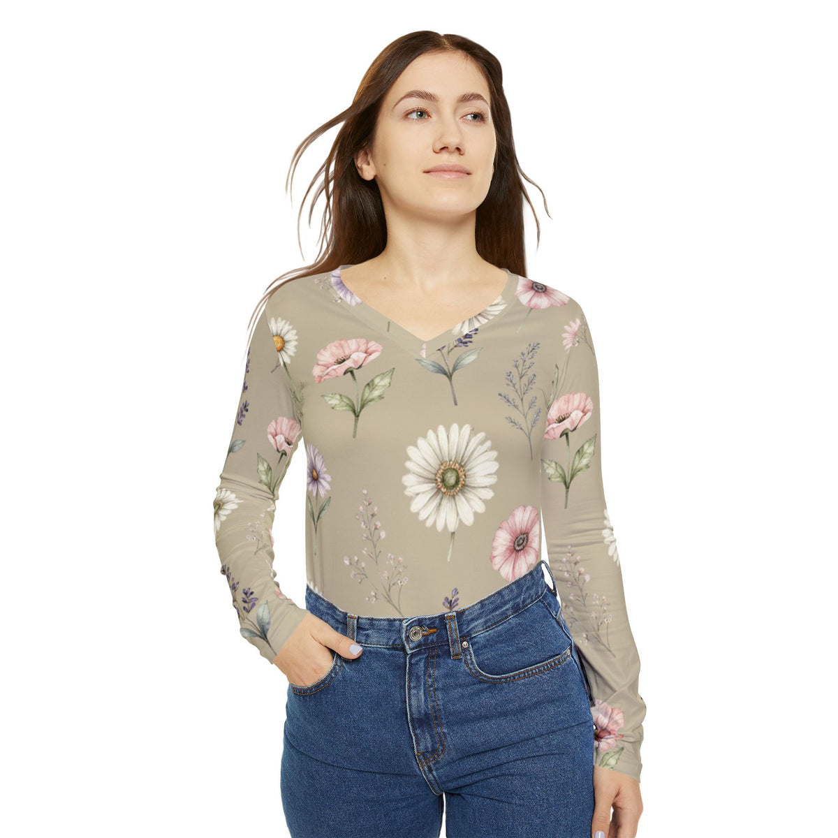 Pastel Wildflower V-Neck Long Sleeve Shirt