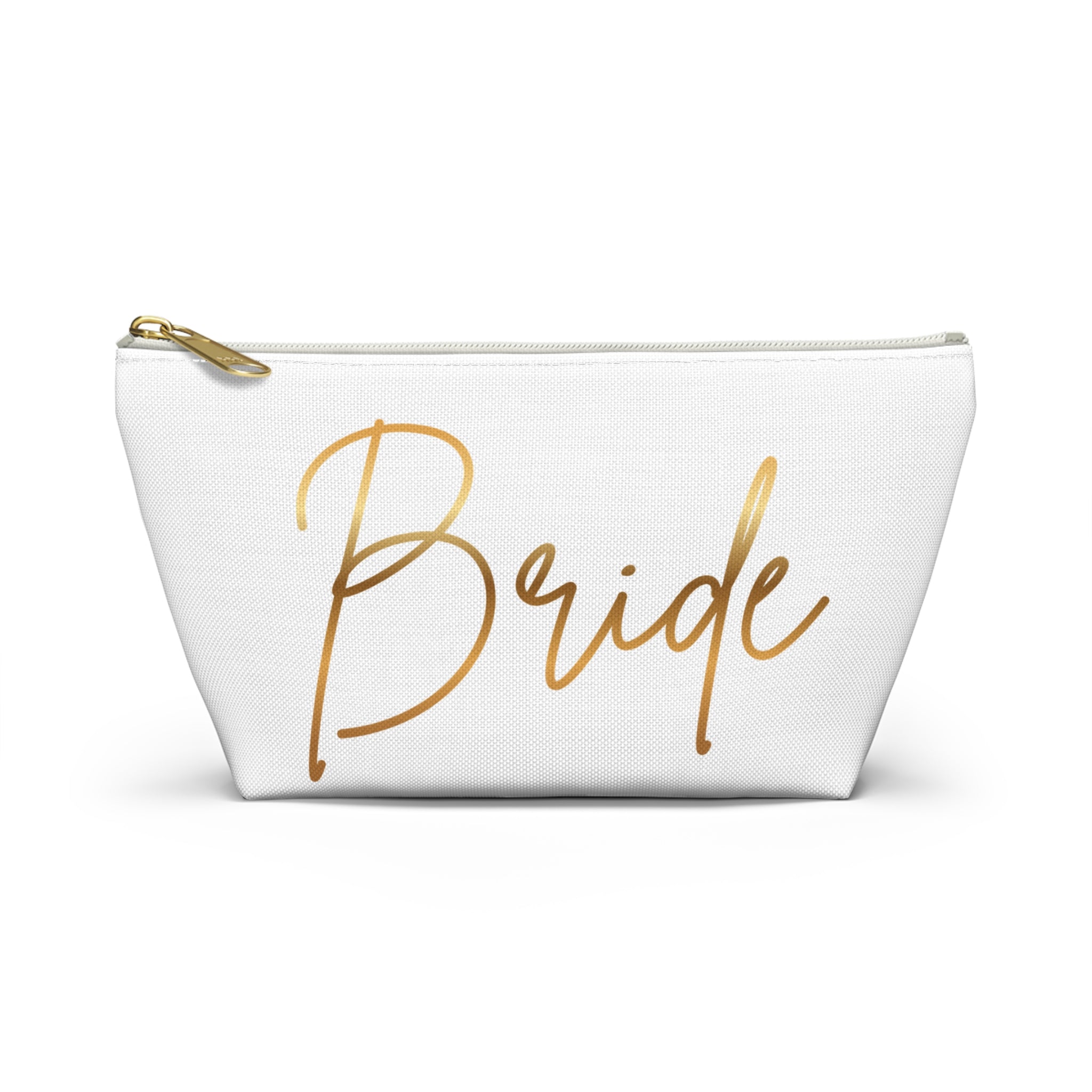 T Bottom Accessory Pouch | 'Bride' White with Gold Script Cosmetic Bag