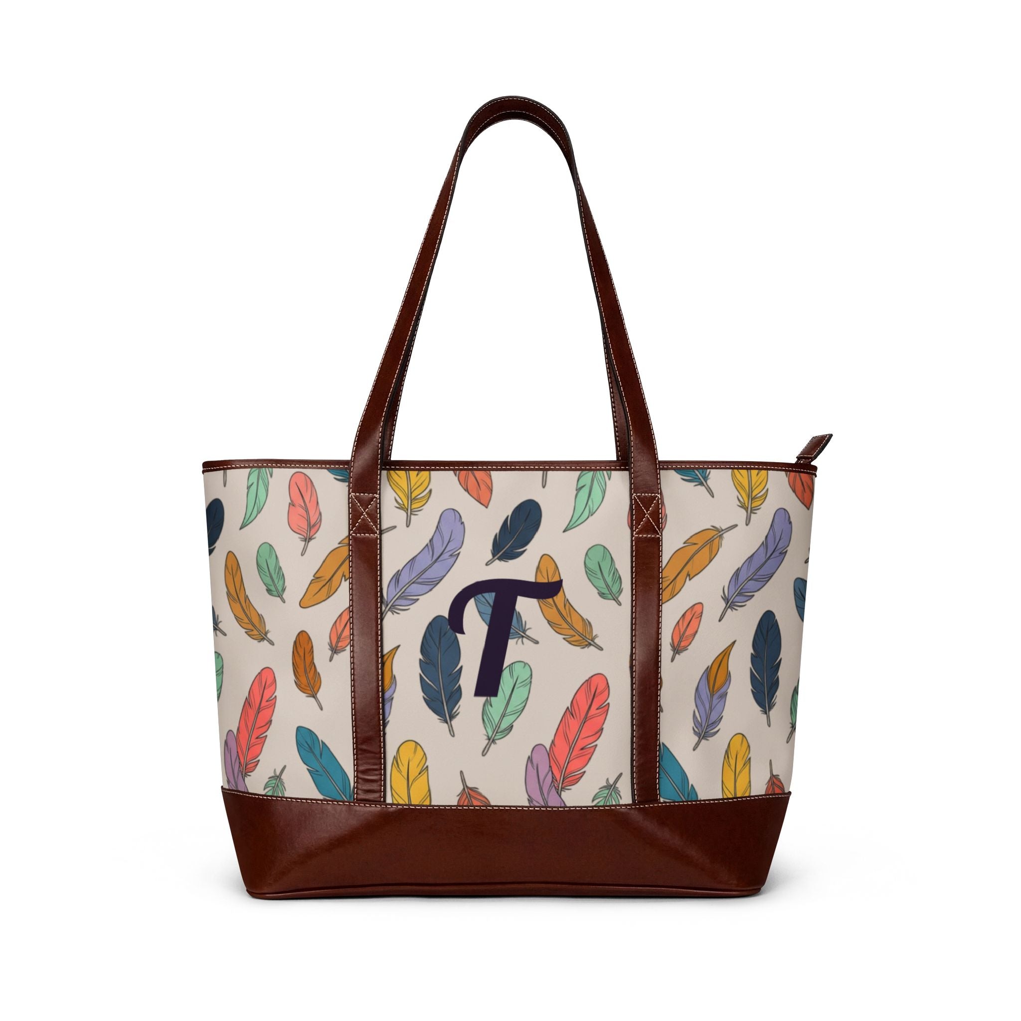 Handbag | Colorful Boho Feather Print Monogram Tote Purse