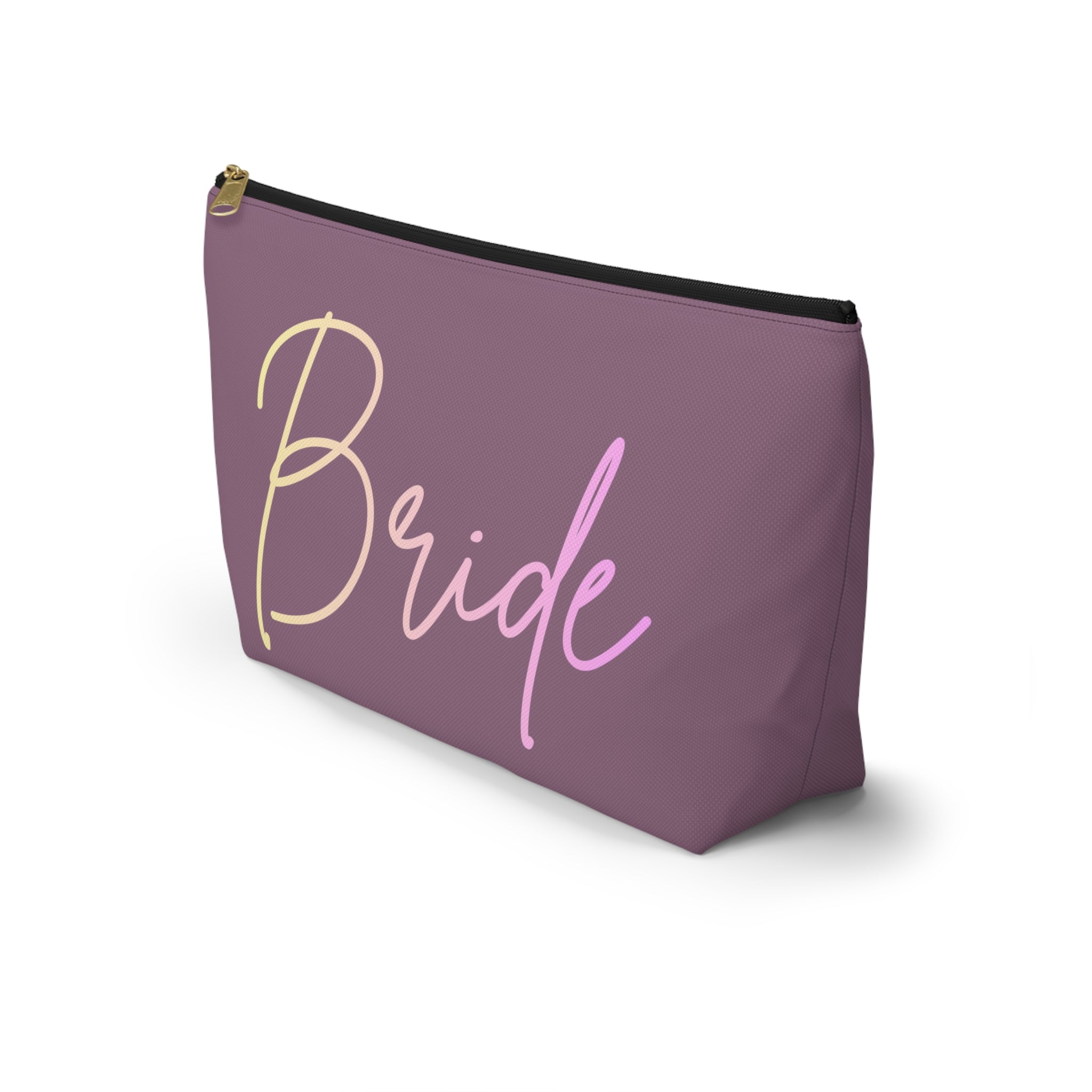 T Bottom Accessory Pouch | 'Bride' Script Muted Mauve and Pastel Cosmetic Bag