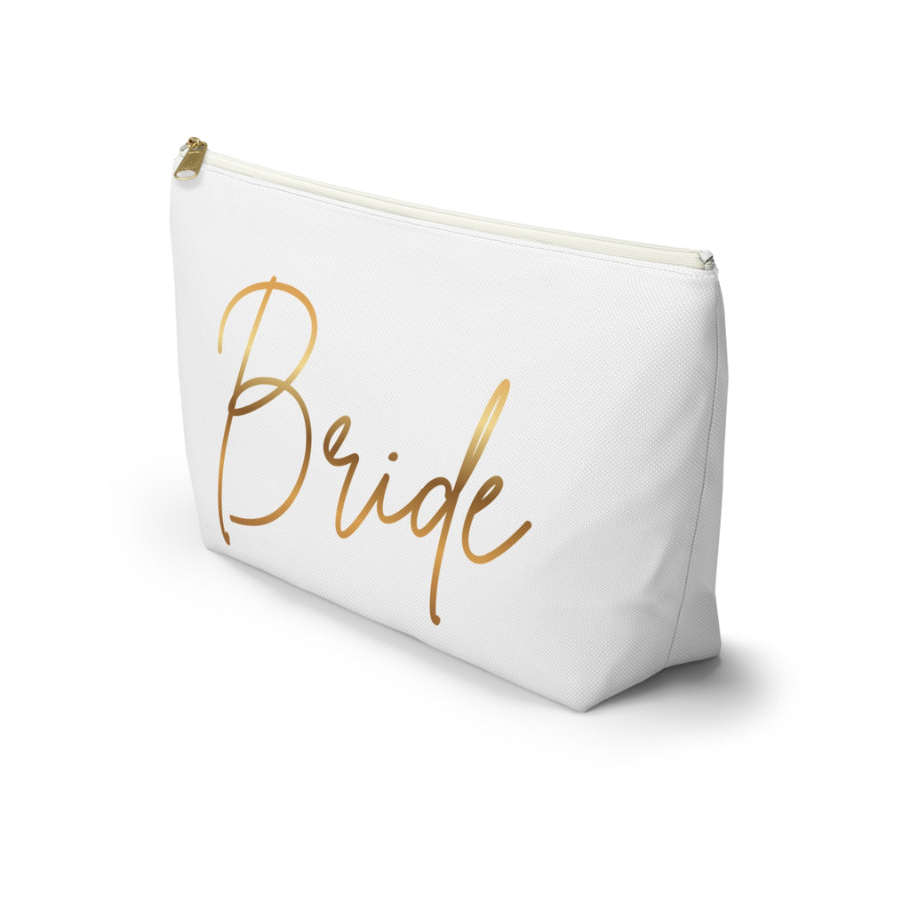 T Bottom Accessory Pouch | 'Bride' White with Gold Script Cosmetic Bag