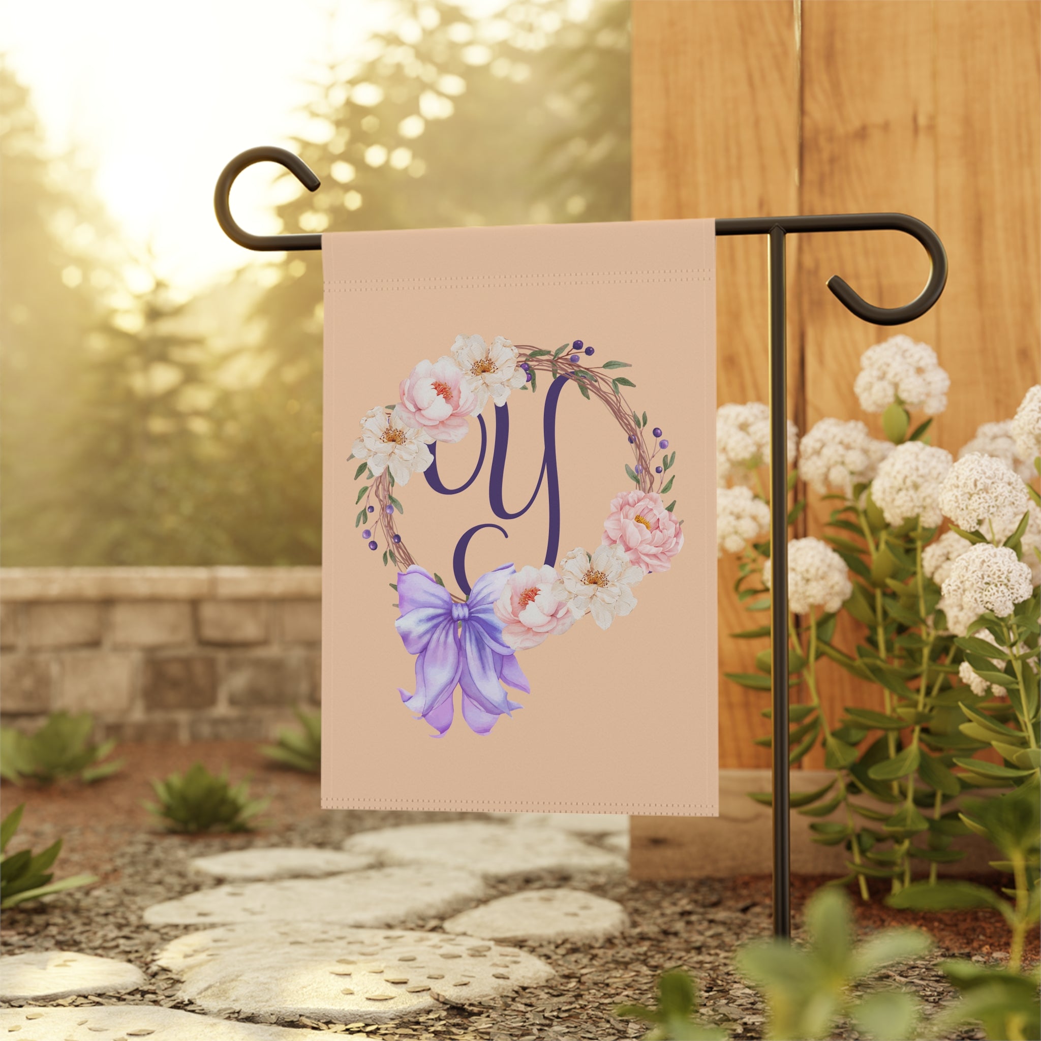 Home & Garden Banner | 'Y' Monogram Peach Wreath Flag