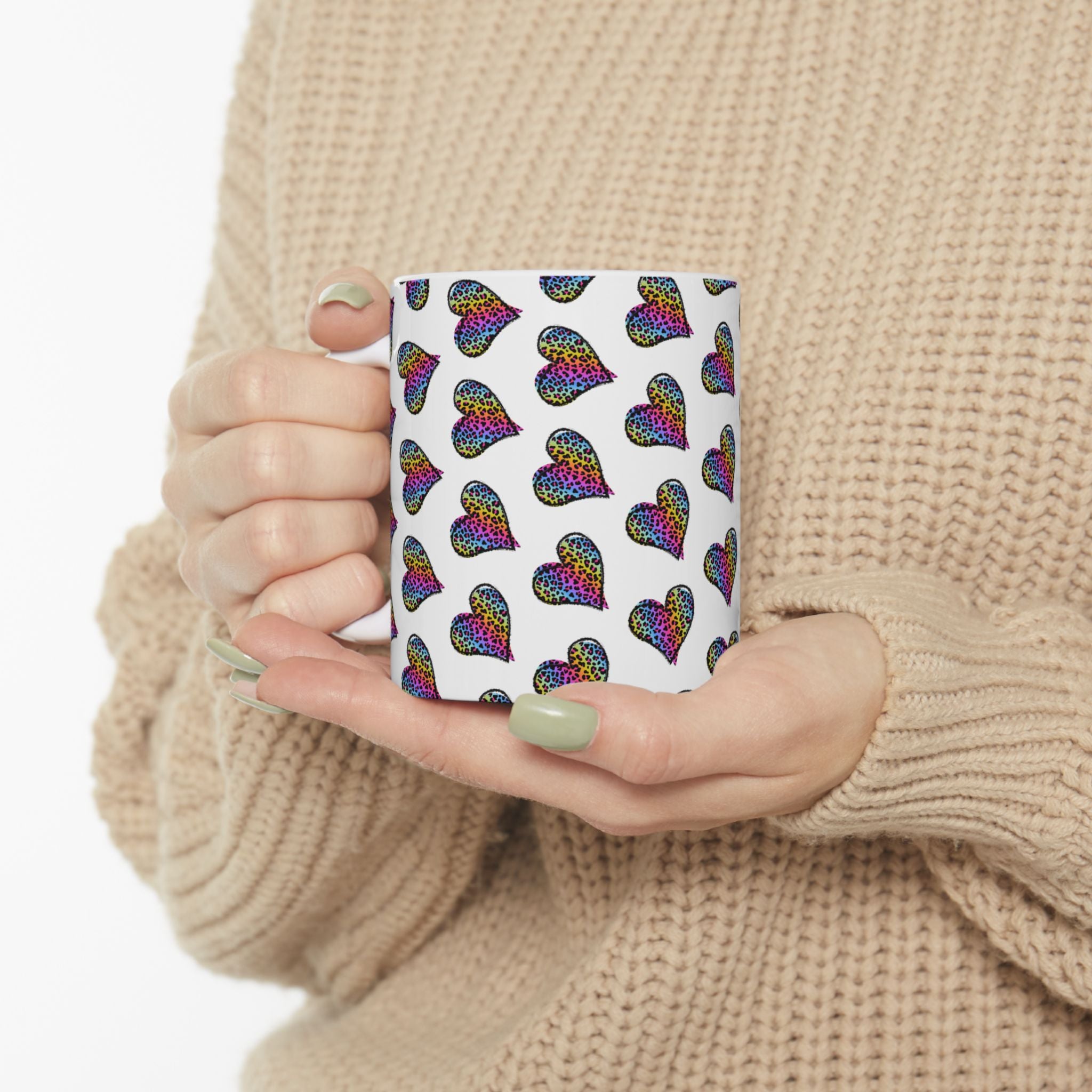 Coffee Mug | Neon Leopard Print Hearts Ceramic Coffee Cup (11oz & 15oz)