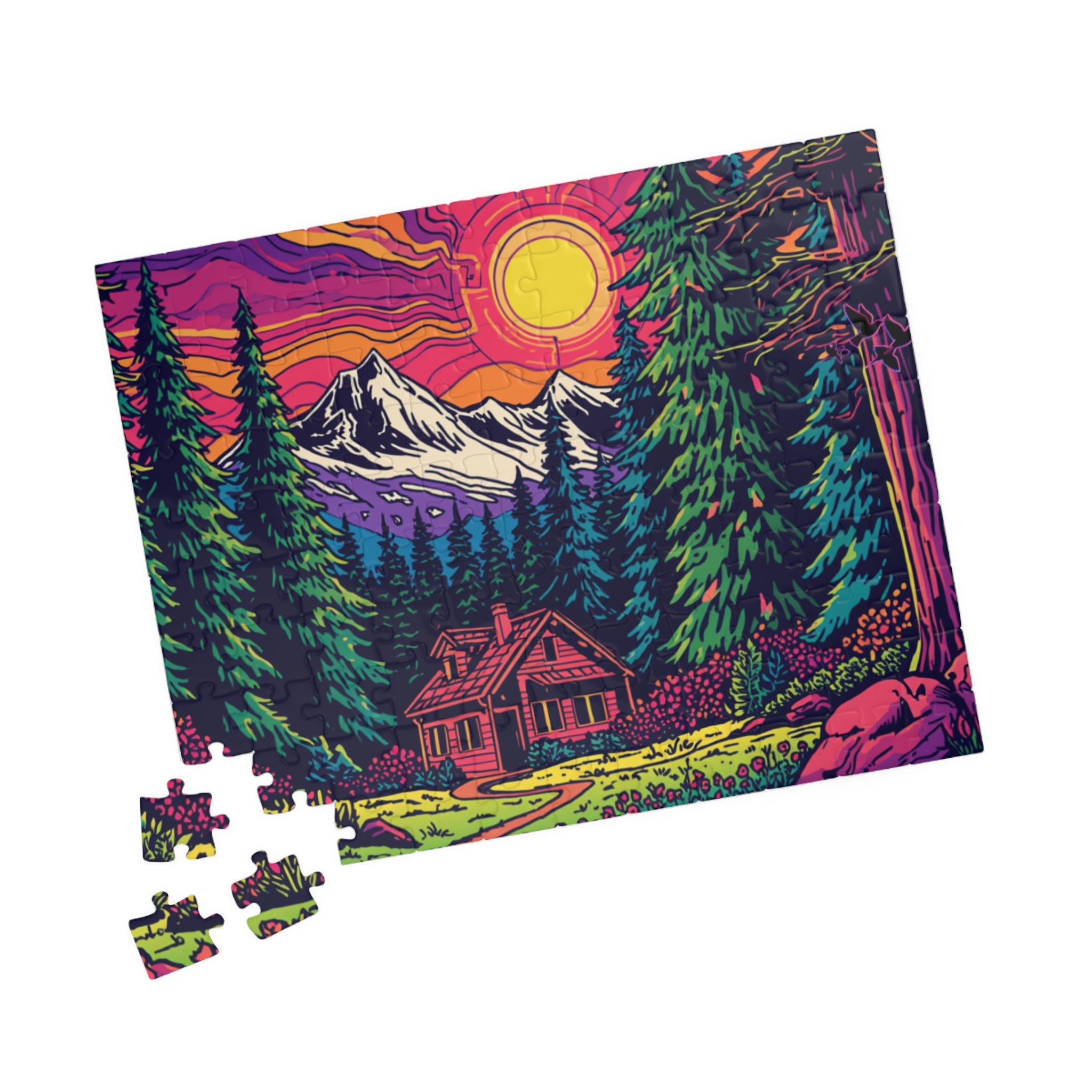 Jigsaw Puzzle | Scenic Neon Mountain Cabin Puzzle 110 or 252 Pieces
