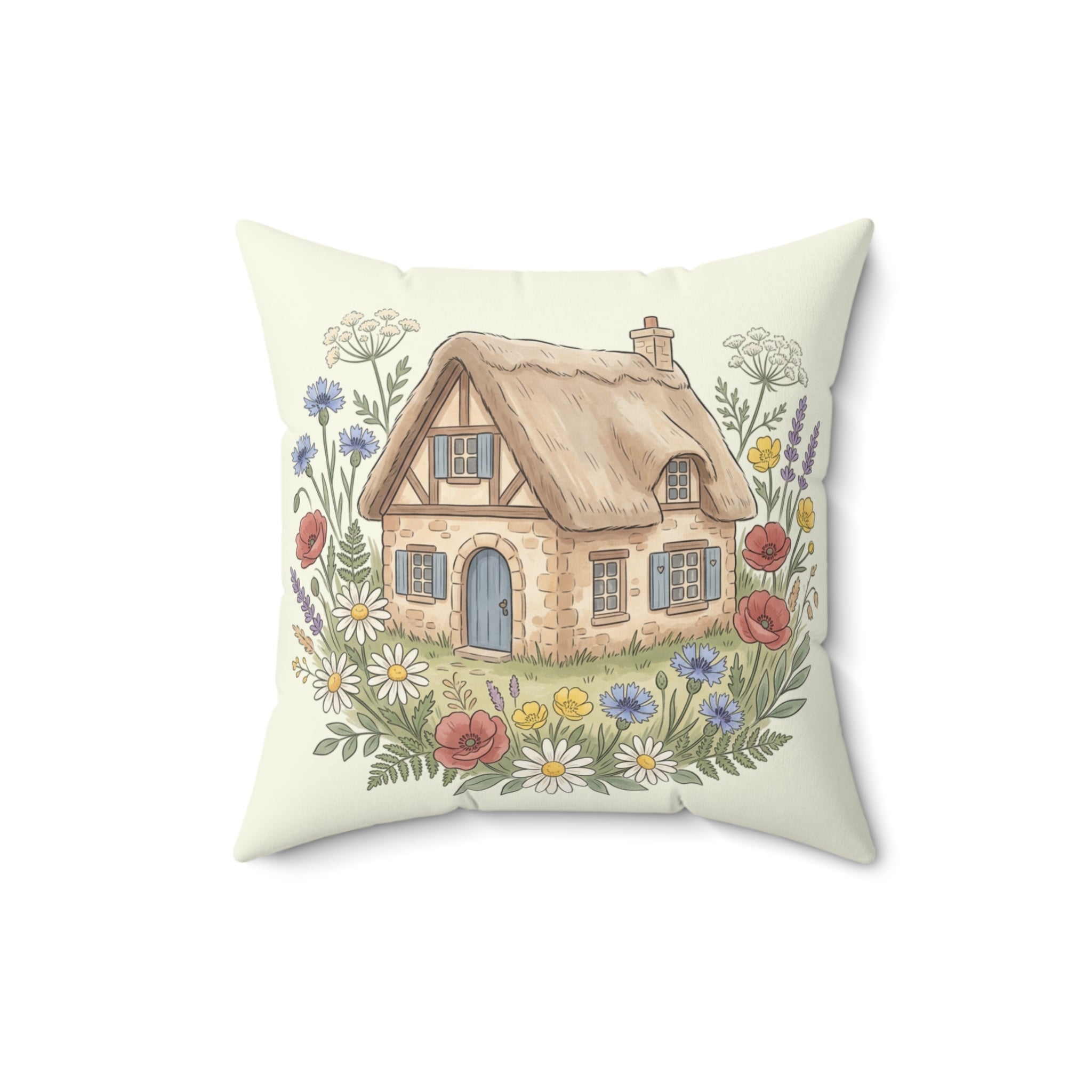 Throw Pillow | Cozy Thatched Cottage with Wildflowers
