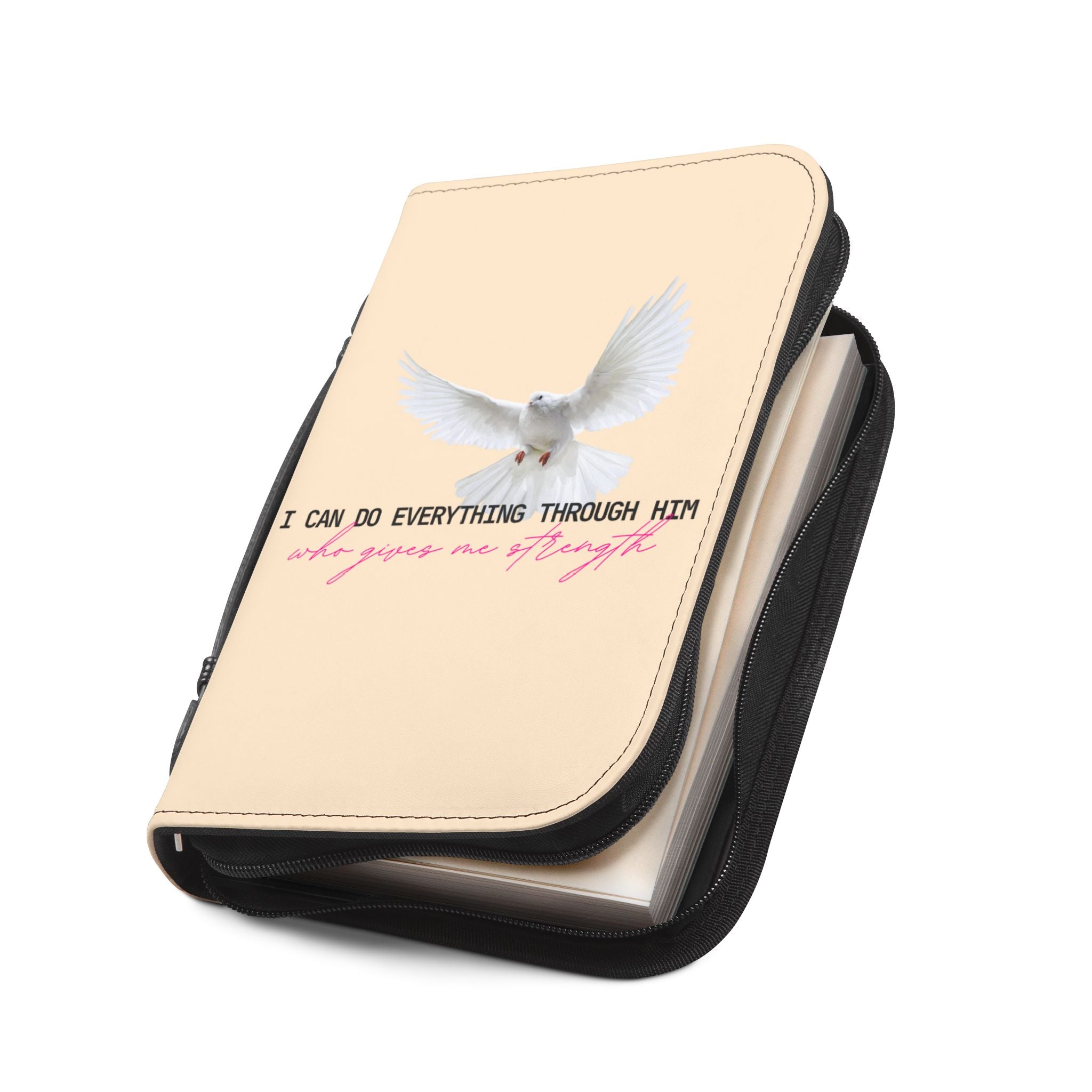 Bible Cover | Zippered Leatherette White Dove with Scripture "I Can Do All Things"
