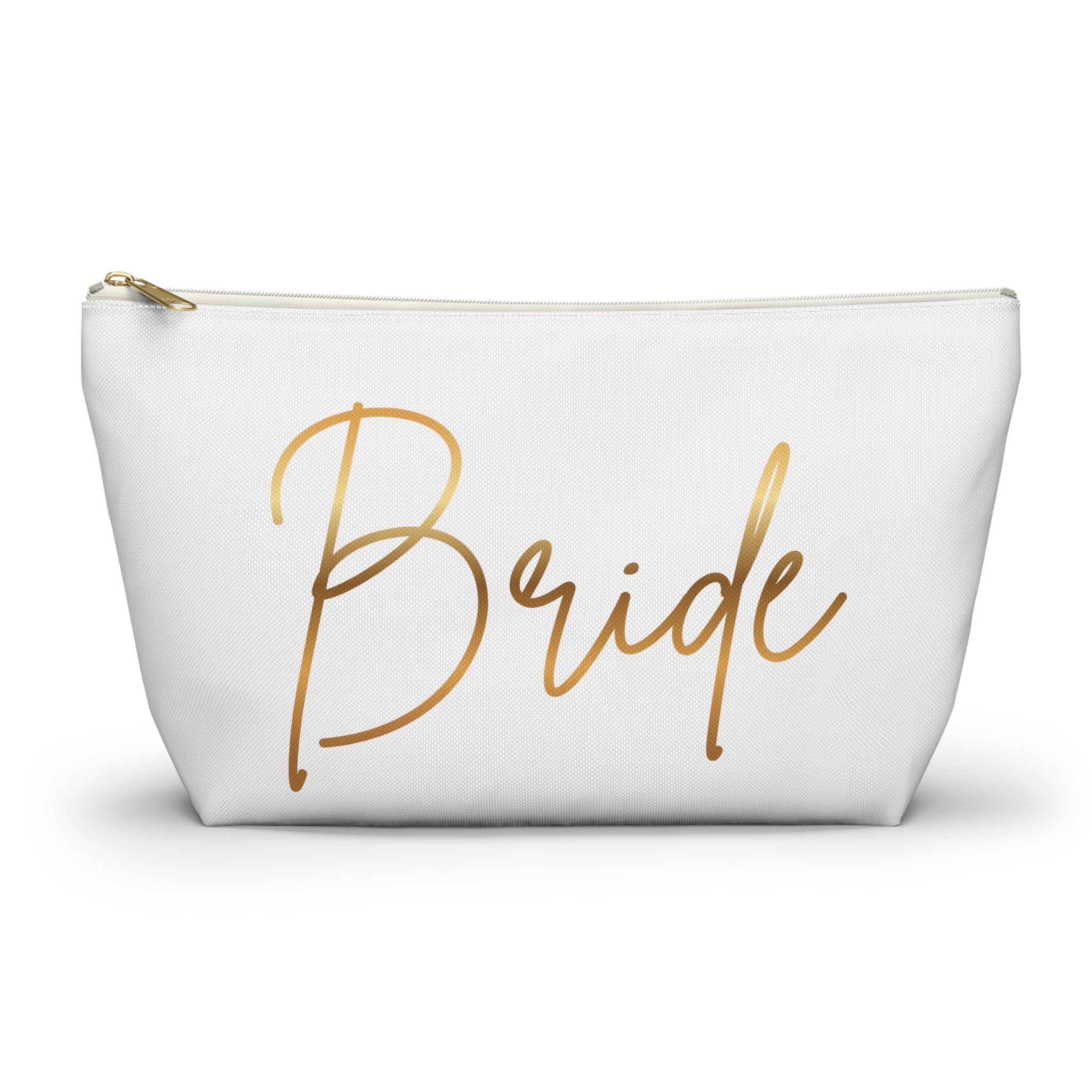 T Bottom Accessory Pouch | 'Bride' White with Gold Script Cosmetic Bag