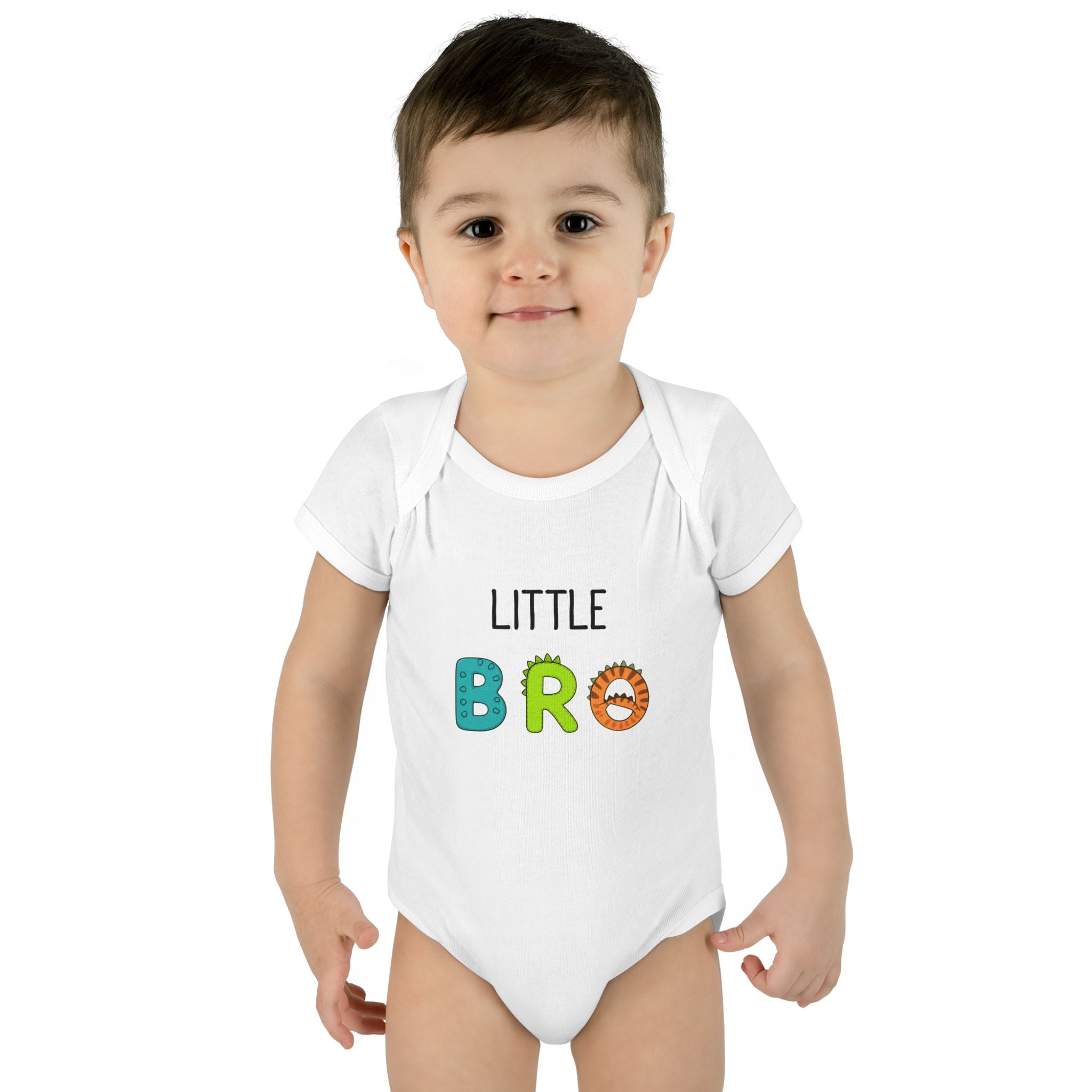 Baby Bodysuit | 'Little Bro' Sibling Infant Onesie with Colorful Dino Letters