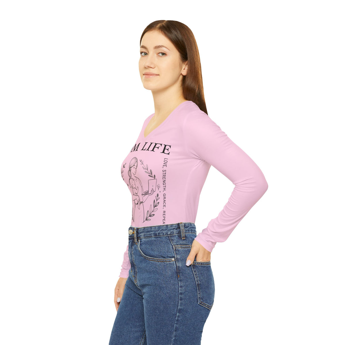 Mom Life Hustle Pale Pink Long Sleeve V-Neck Shirt