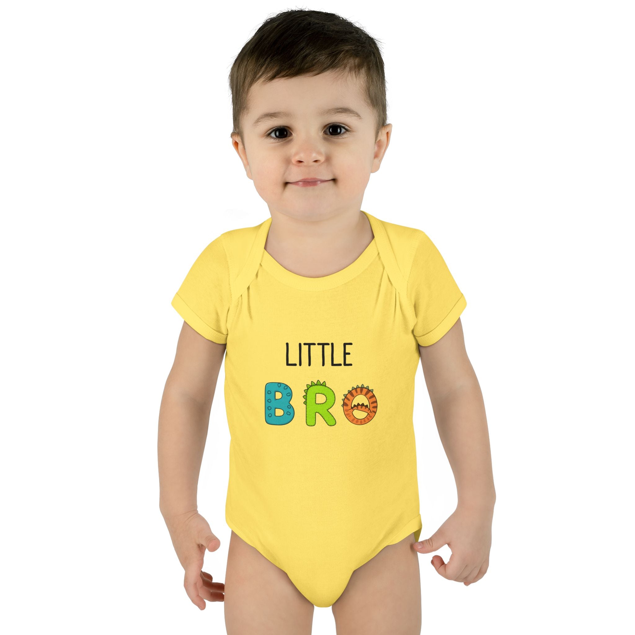 Baby Bodysuit | 'Little Bro' Sibling Infant Onesie with Colorful Dino Letters