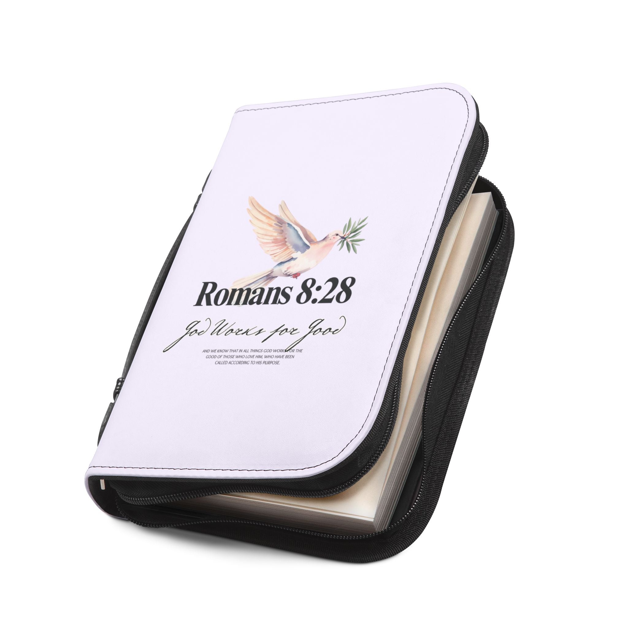Bible Cover | Romans 8:28 Scripture Dove with Olive Branch Zippered Case
