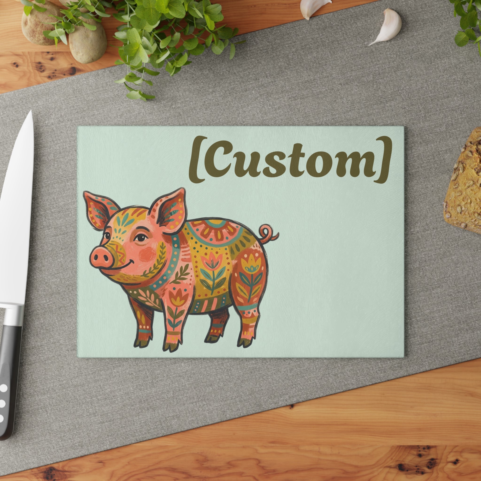 Glass Cutting Board | Customizable Floral Folk Art Pig Kitchen Decor