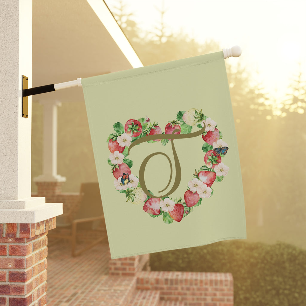 Home & Garden Banner | 'T' Monogram Strawberry Heart Flag