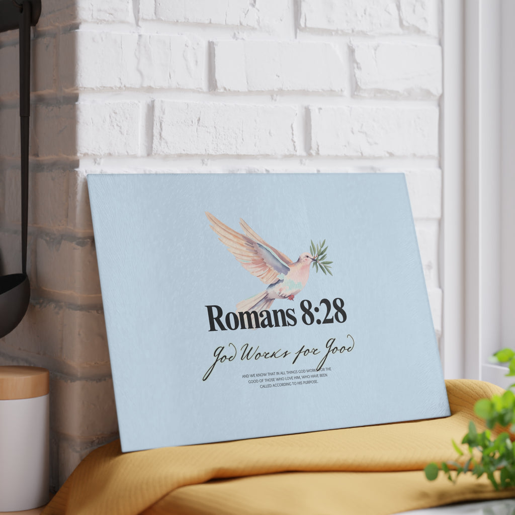 Glass Cutting Board | Romans 8:28 Dove with Olive Branch Kitchen Decor