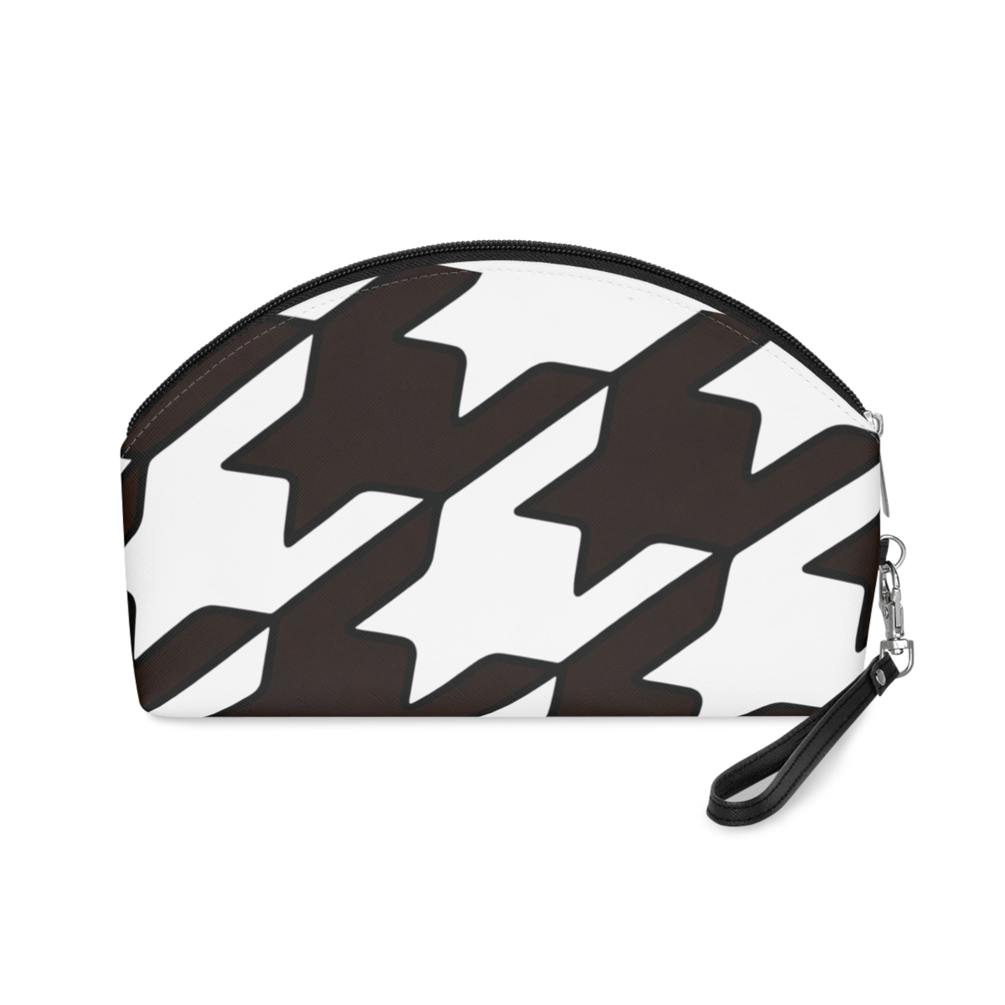 Cosmetic Pouch | Black & White Houndstooth Makeup Bag with Wrist Strap