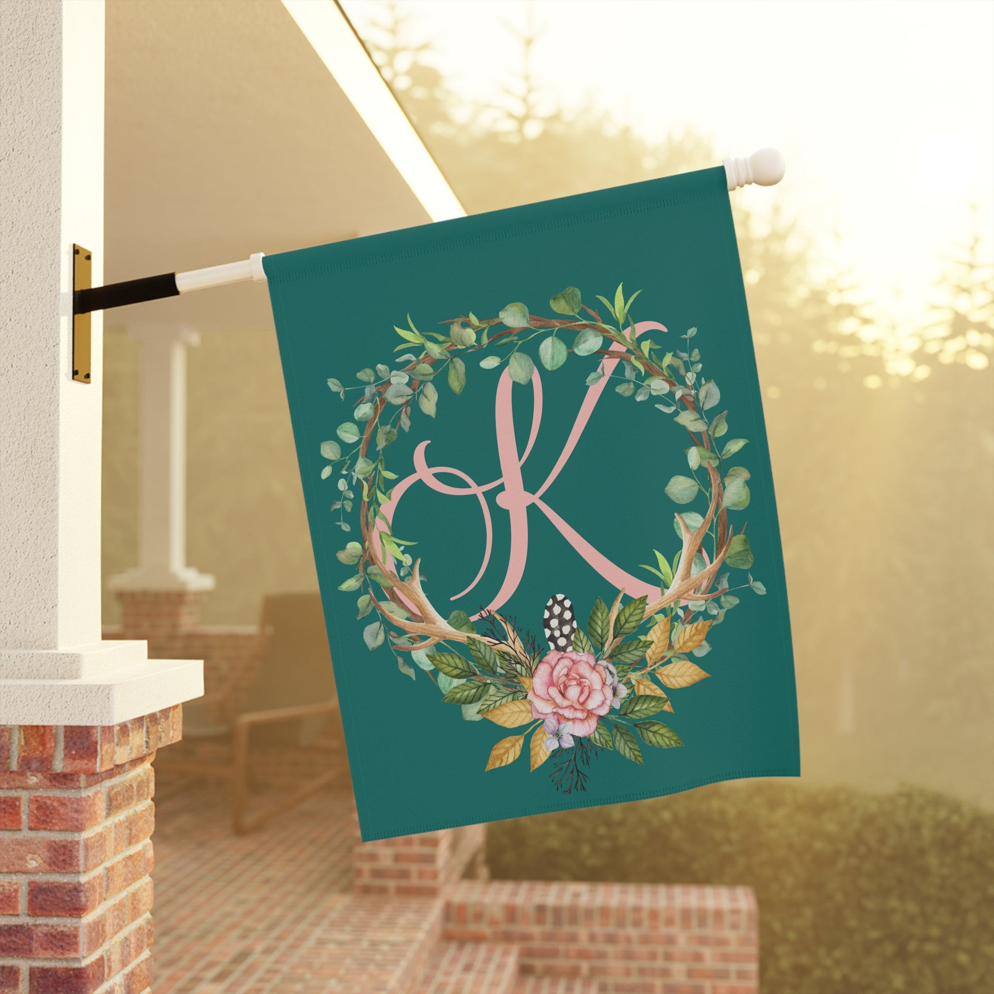 Home & Garden Banner | 'K' Monogram Floral Boho Wreath Flag