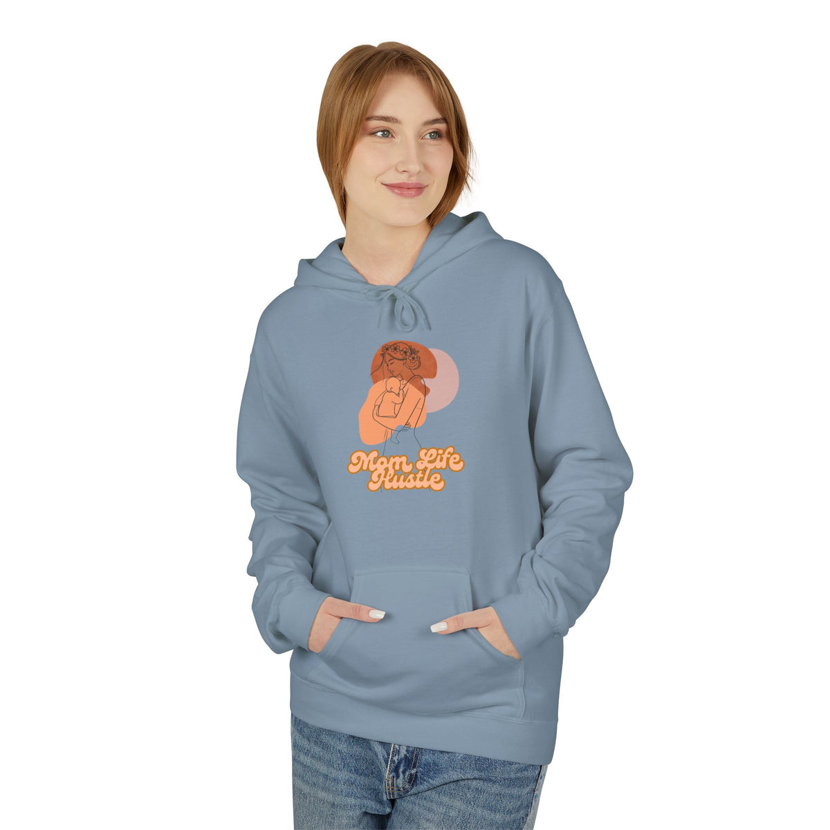 'Mom Life Hustle' Retro Hoodie | Delicate Line Illustration of a Mother & Baby
