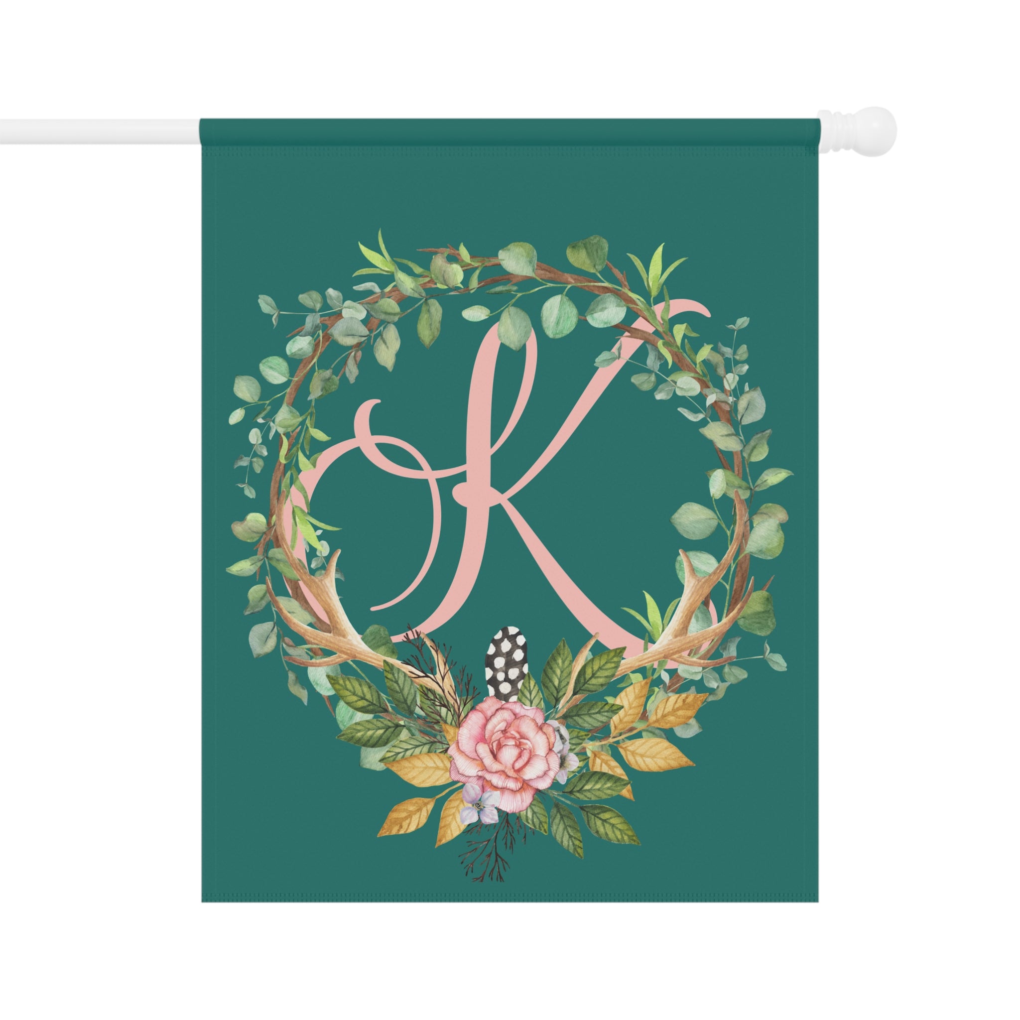 Home & Garden Banner | 'K' Monogram Floral Boho Wreath Flag