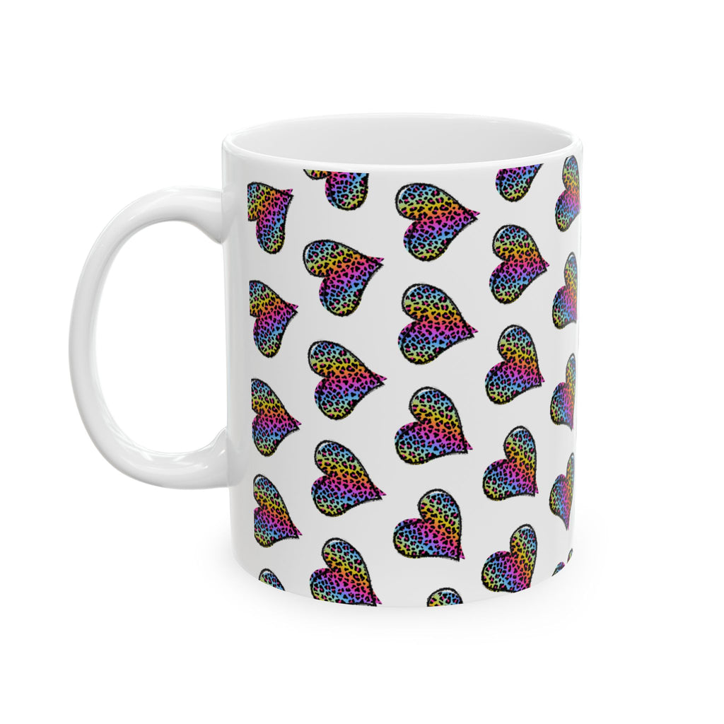 Coffee Mug | Neon Leopard Print Hearts Ceramic Coffee Cup (11oz & 15oz)