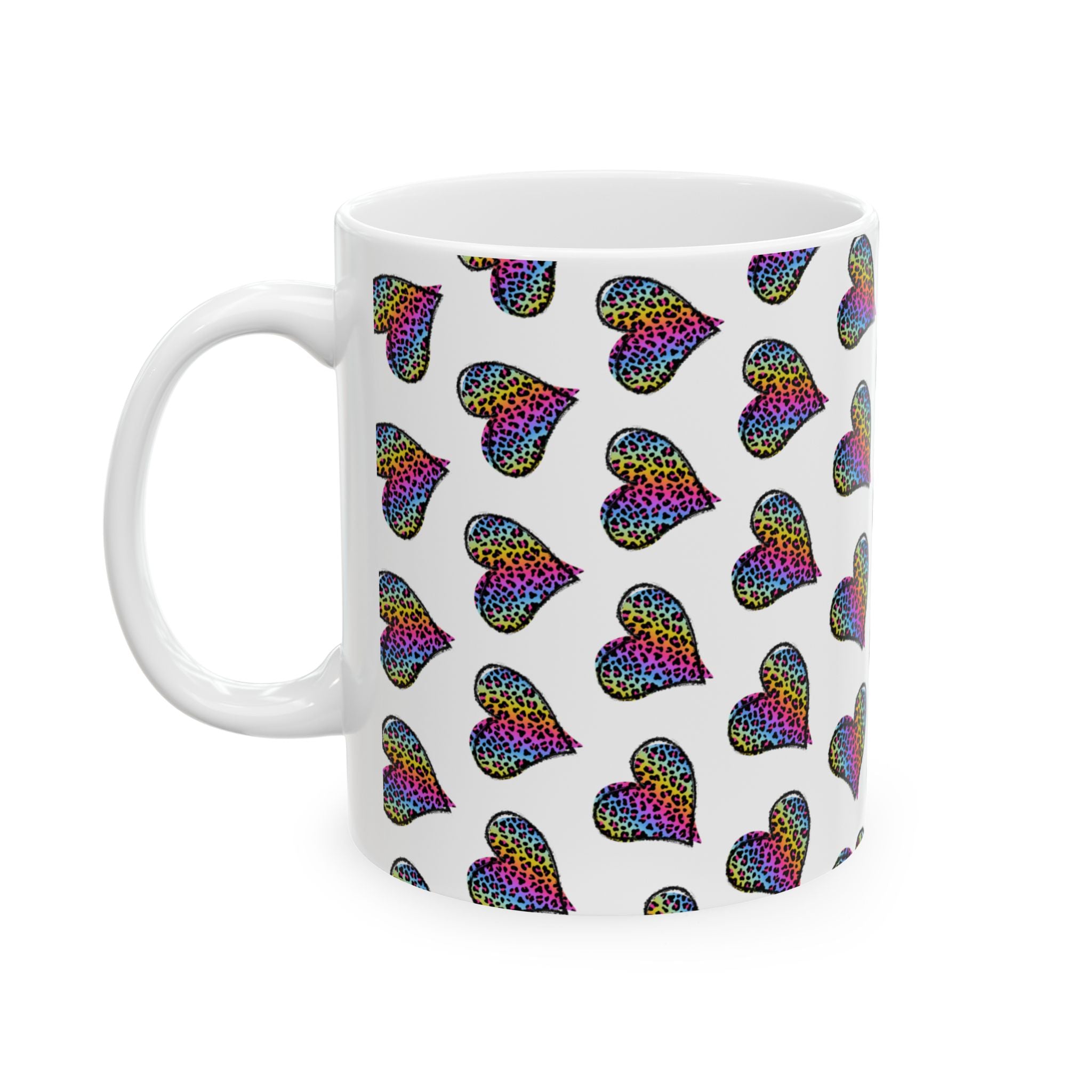 Coffee Mug | Neon Leopard Print Hearts Ceramic Coffee Cup (11oz & 15oz)