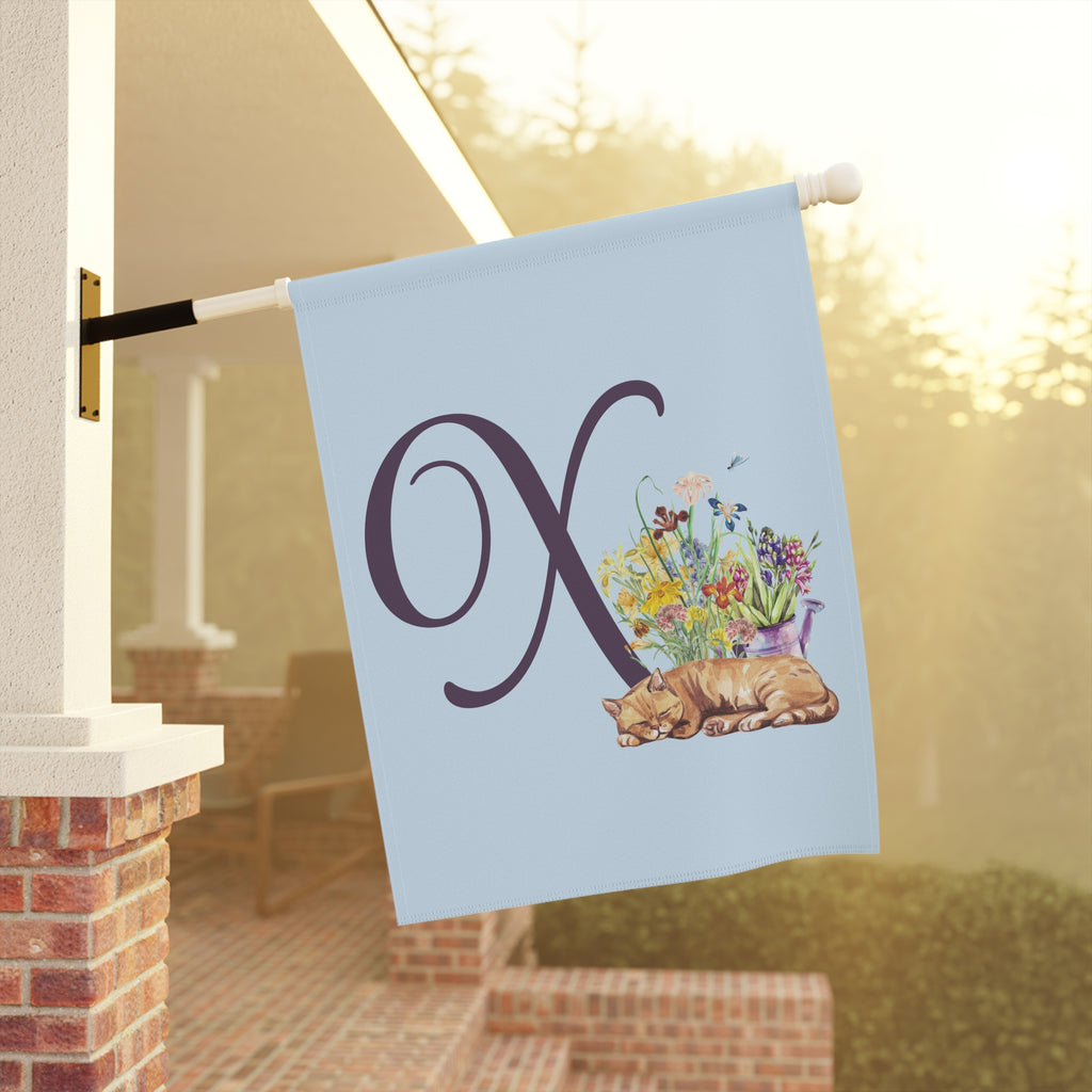 Home & Garden Banner | 'X' Monogram Flower Garden & Sleeping Cat Flag