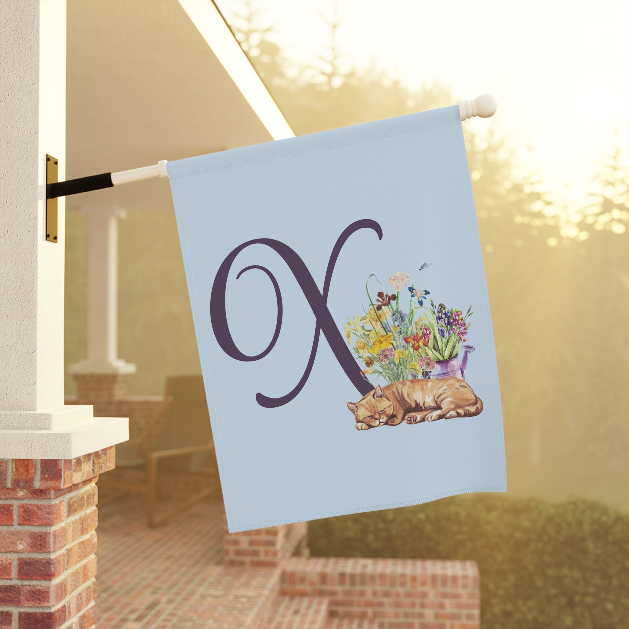 Home & Garden Banner | 'X' Monogram Flower Garden & Sleeping Cat Flag
