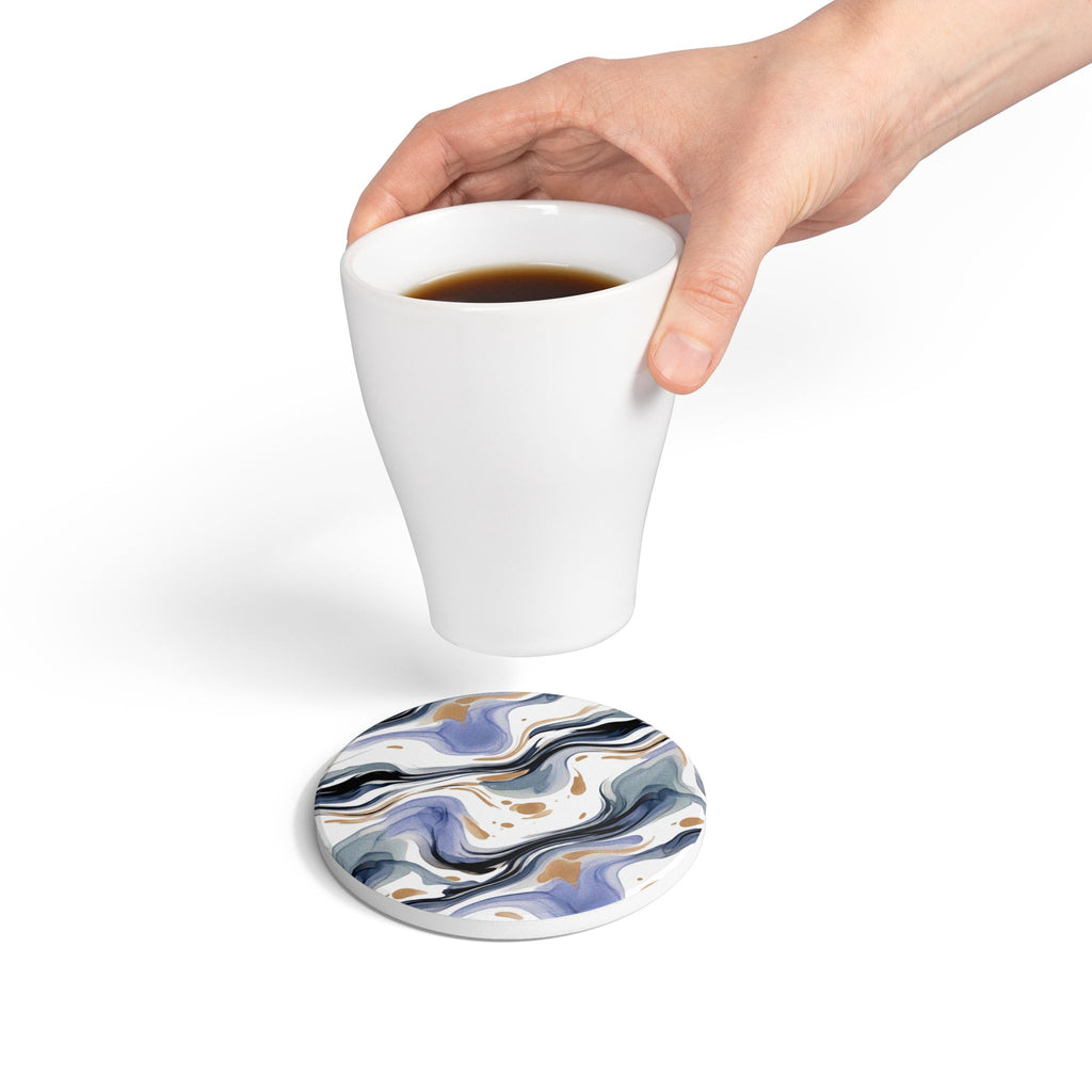 Ceramic Coasters | Abstract Marbled Blue & Gold Swirl