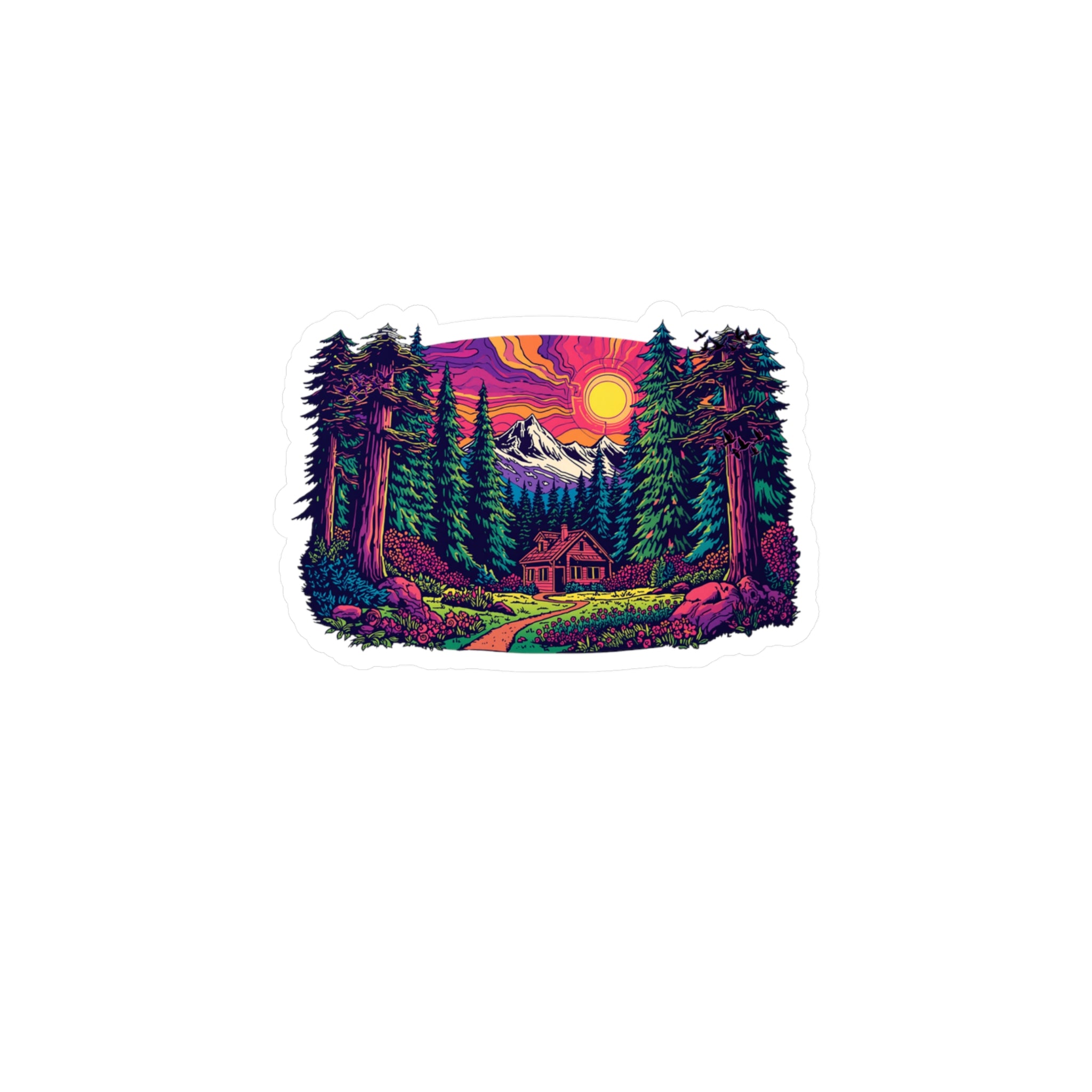 Vinyl Decal | Sunset Forest Cabin Sticker