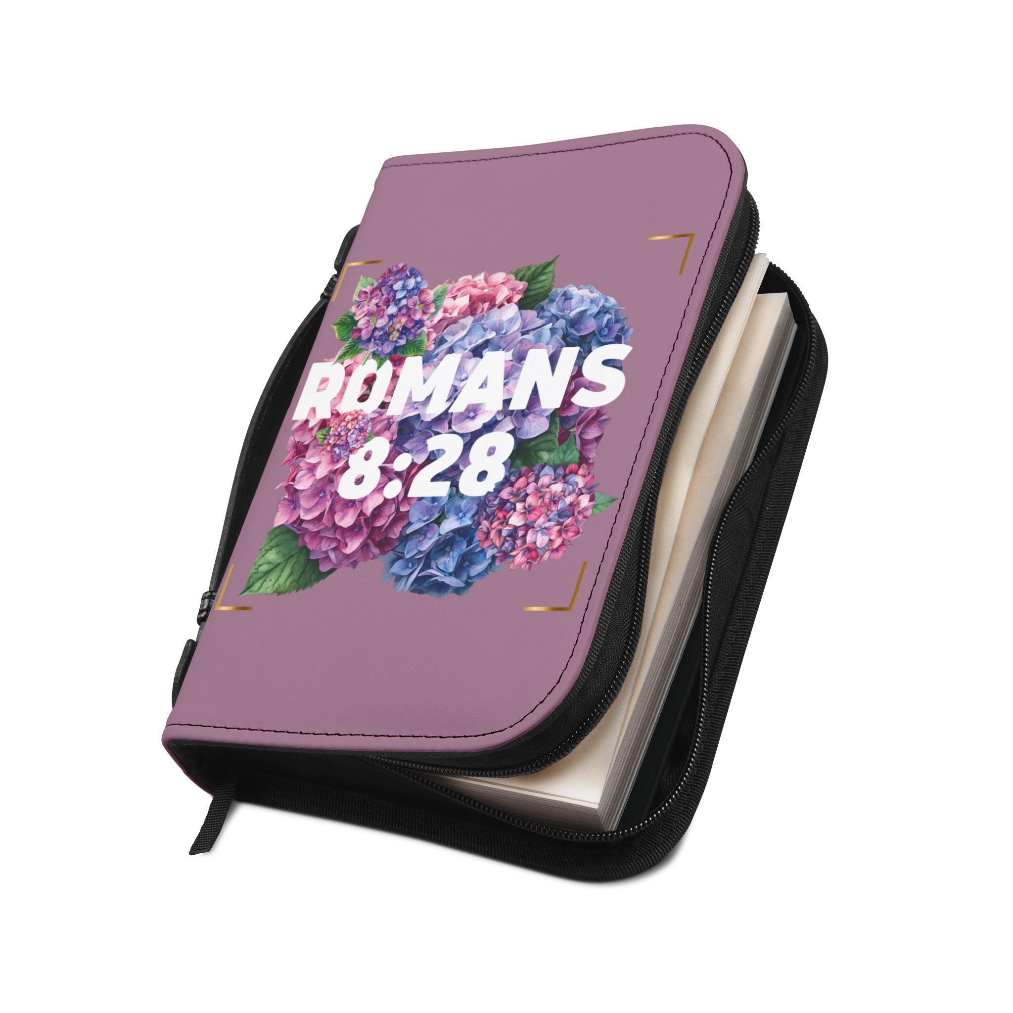 Bible Cover | Hydrangeas Zippered Case Romans 8:28 Scripture