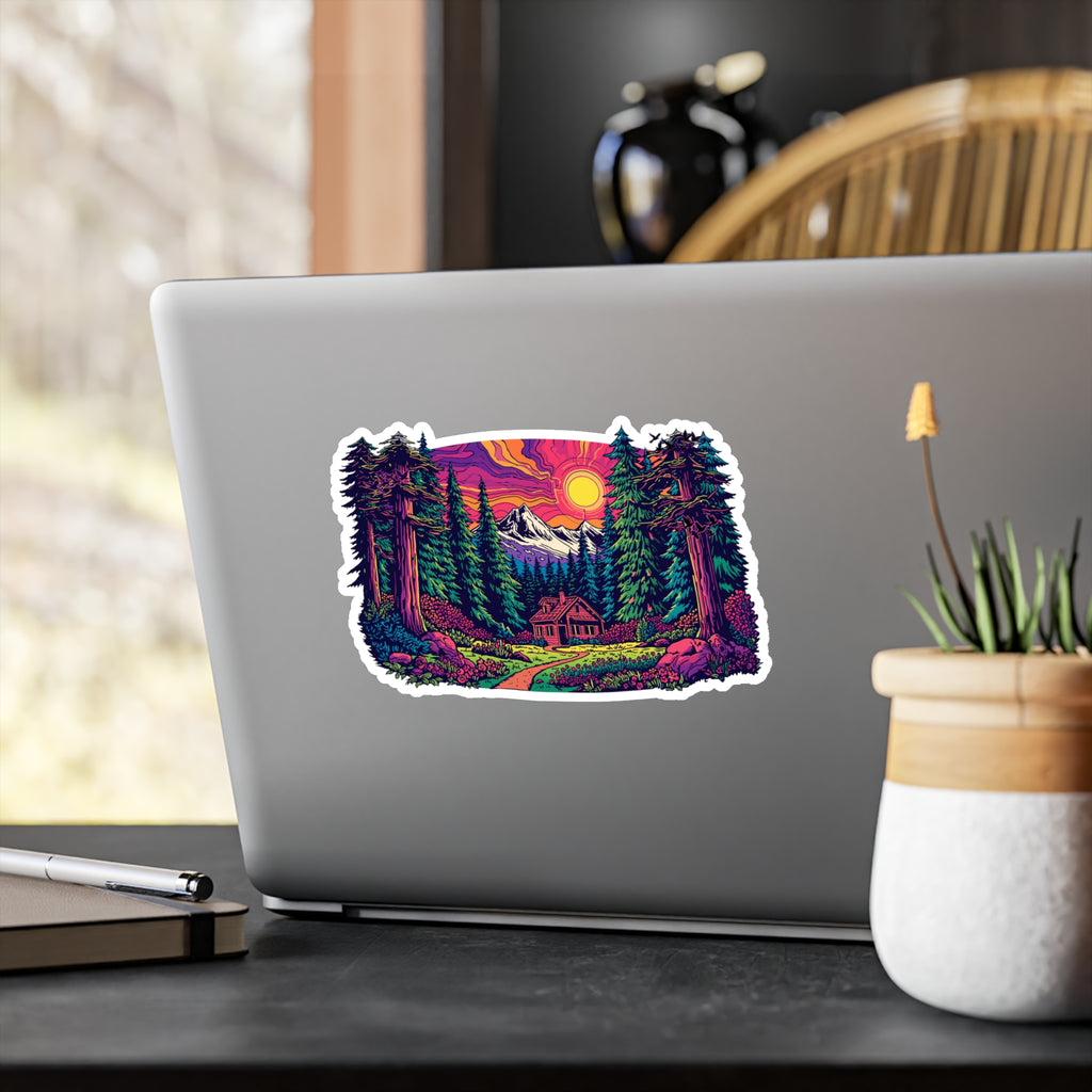 Vinyl Decal | Sunset Forest Cabin Sticker