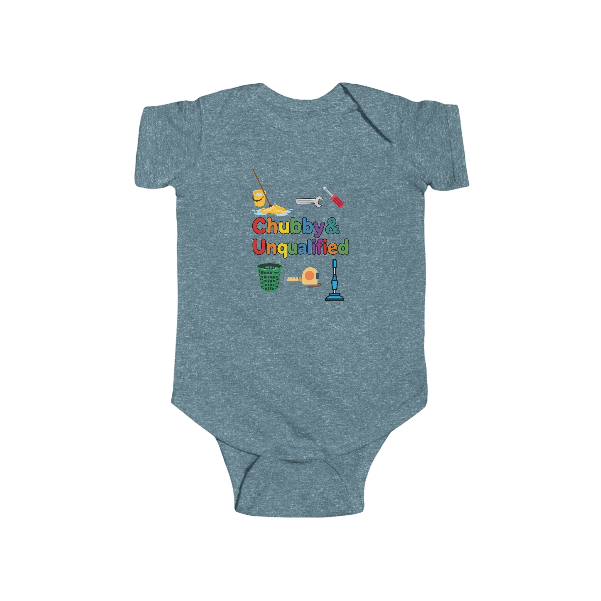 Baby Bodysuit | "Chubby & Unqualified" Cute Baby Onesie with Colorful Cleaning Icons