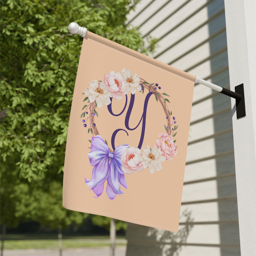 Home & Garden Banner | 'Y' Monogram Peach Wreath Flag