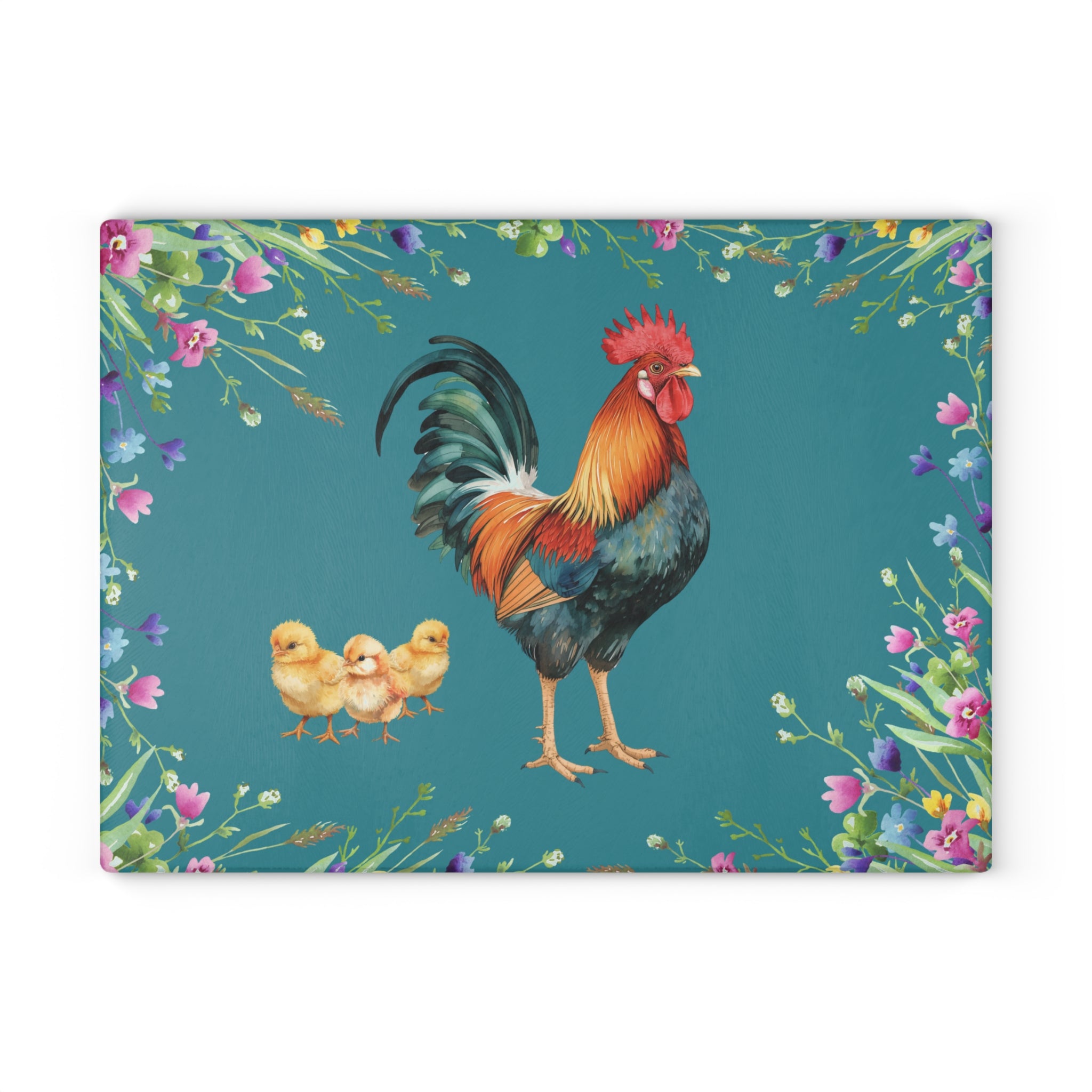 Glass Cutting Board | Rooster and Chicks Farmhouse Floral Kitchen Decor