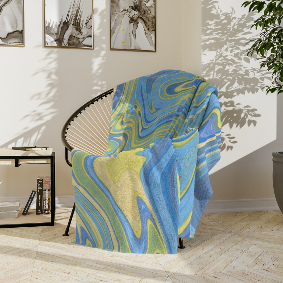 Customizable Blue-Yellow Marble Velveteen Throw