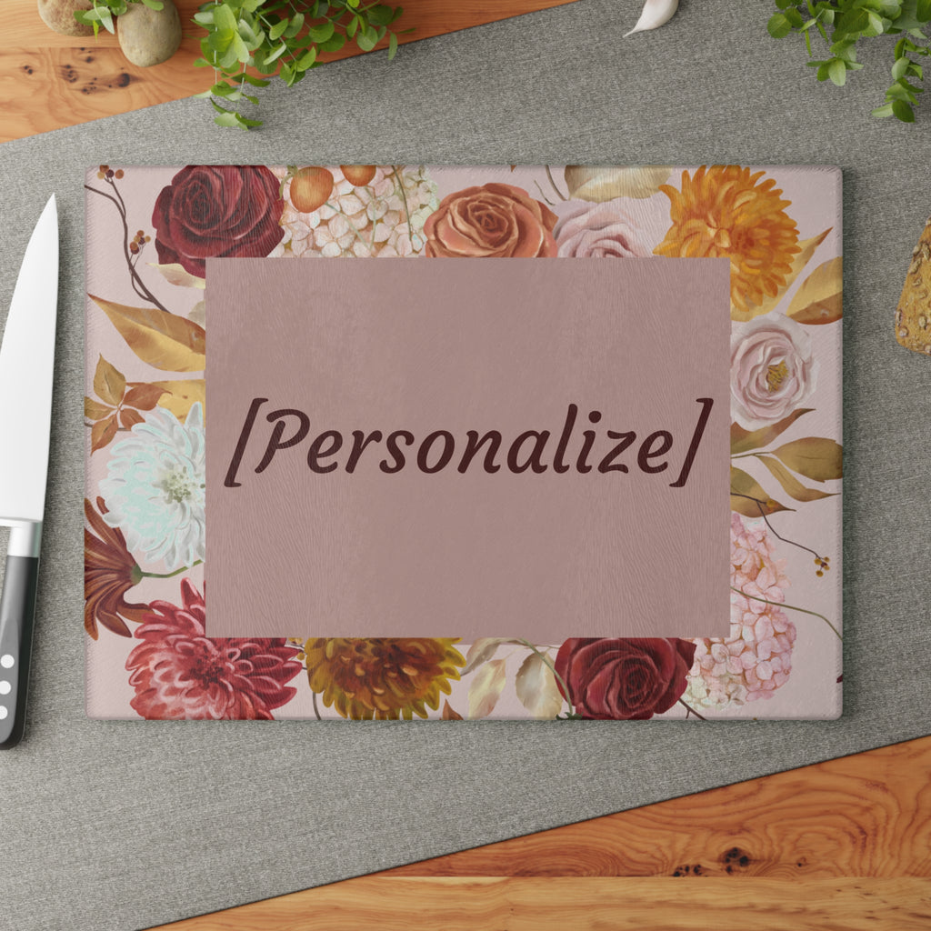 Glass Cutting Board | Custom Name in Floral Frame Kitchen Decor