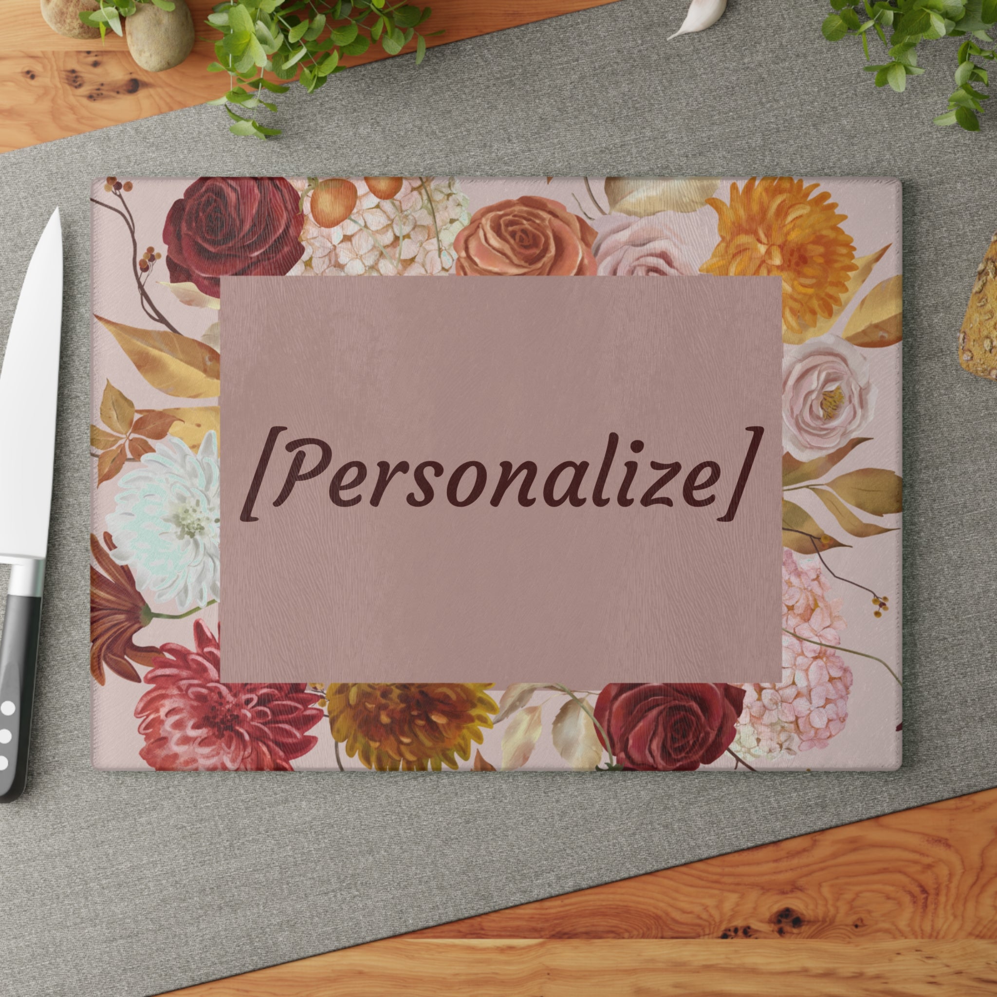 Glass Cutting Board | Custom Name in Floral Frame Kitchen Decor
