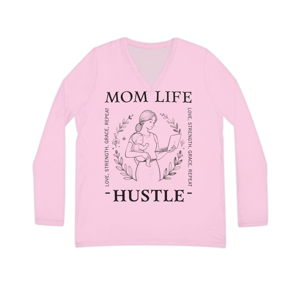 Mom Life Hustle Pale Pink Long Sleeve V-Neck Shirt