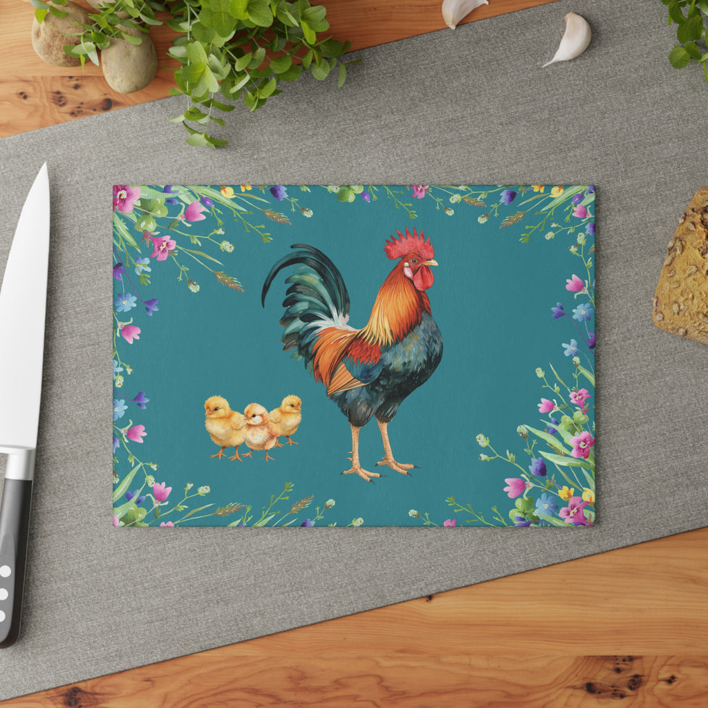 Glass Cutting Board | Rooster and Chicks Farmhouse Floral Kitchen Decor