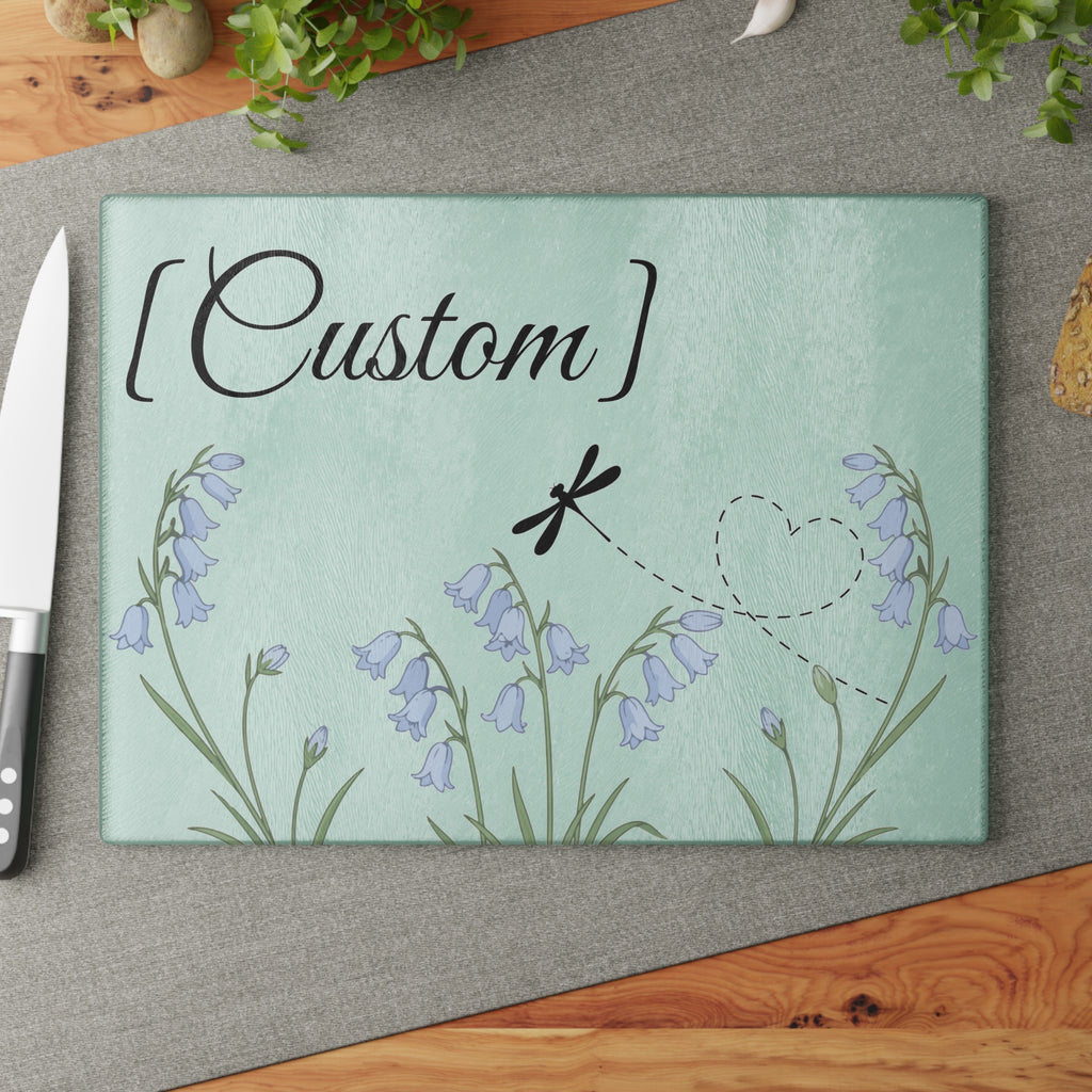 Glass Cutting Board | Bluebell Floral and Dragonfly with Custom Name Option