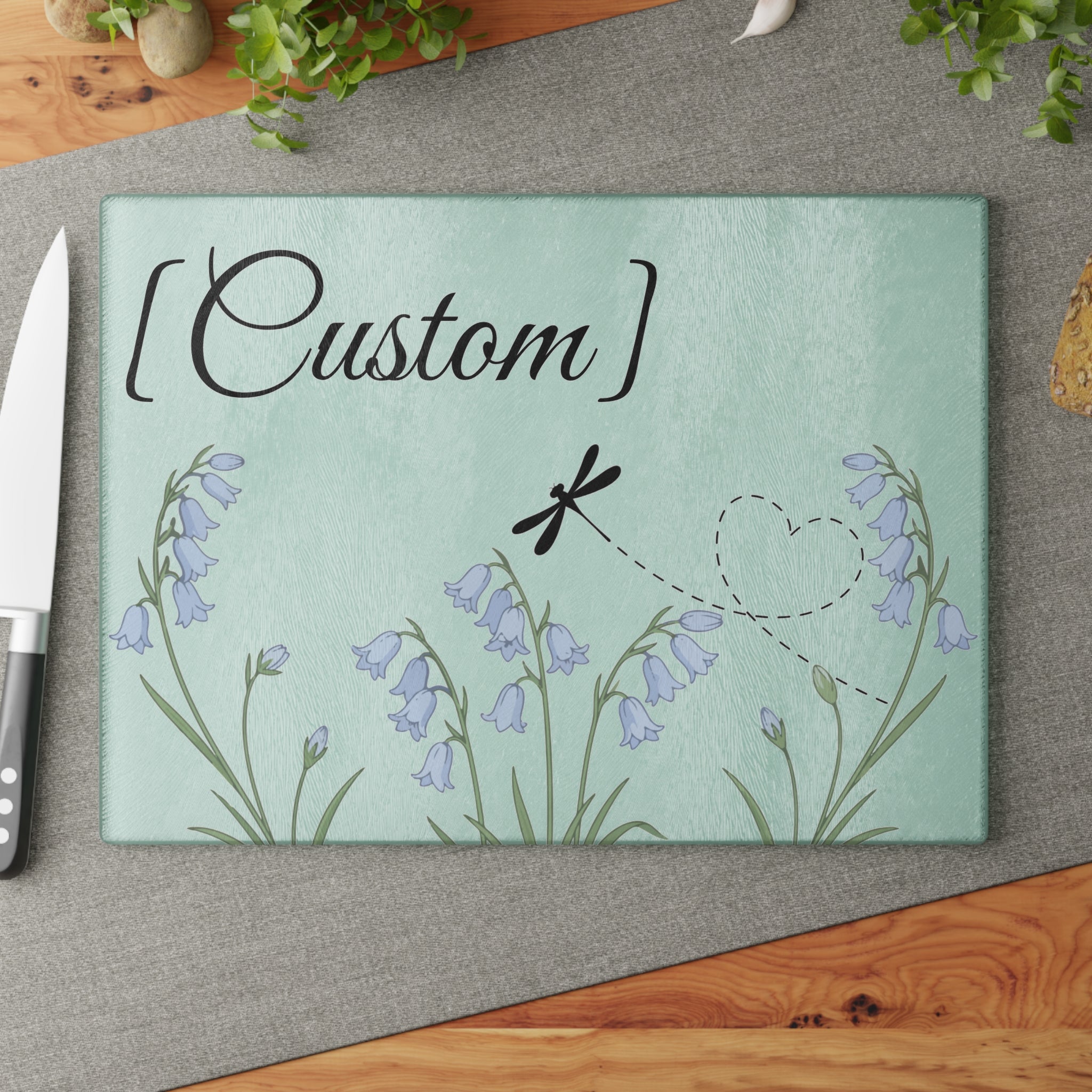 Glass Cutting Board | Bluebell Floral and Dragonfly with Custom Name Option